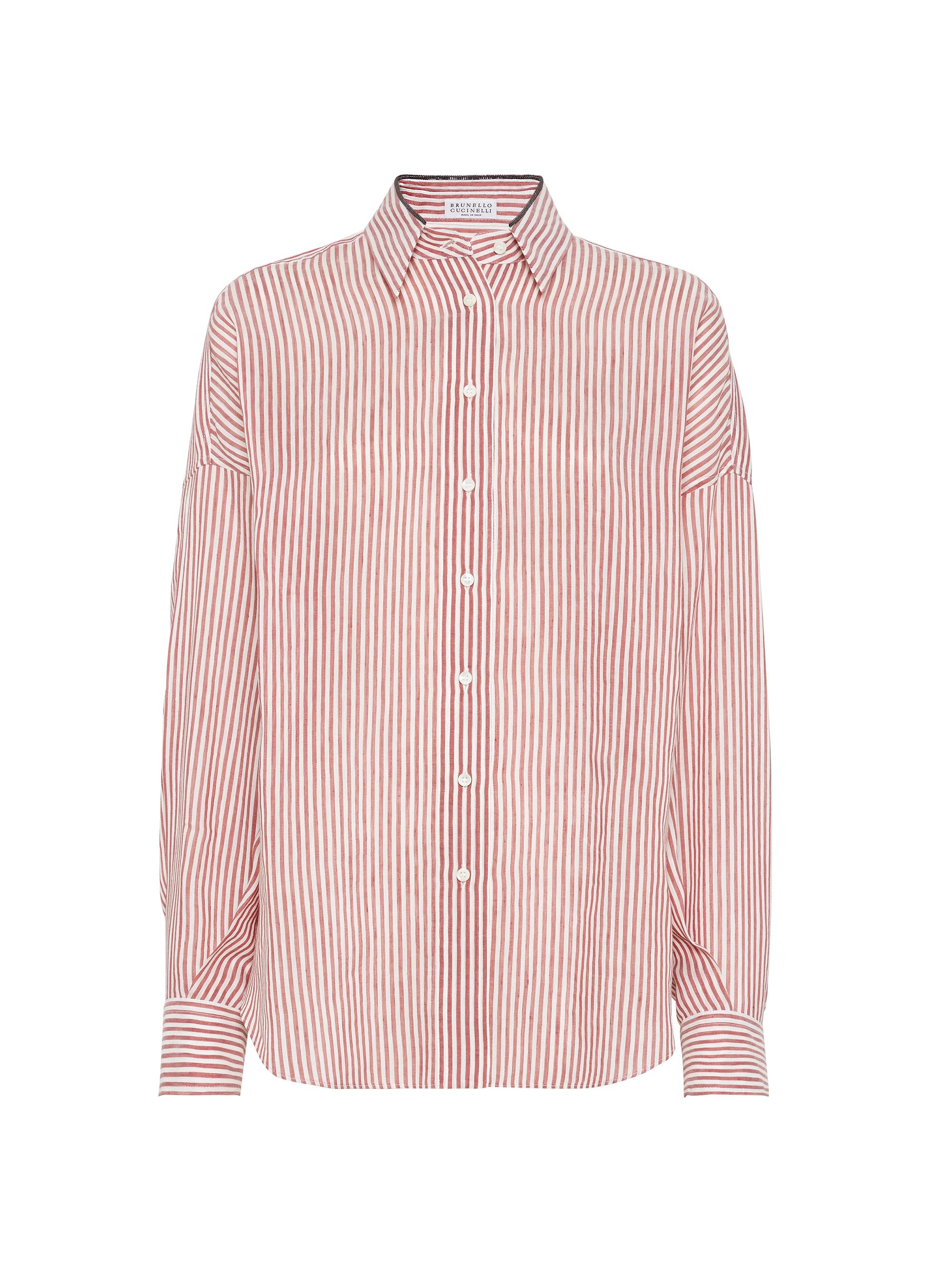 Brunello Cucinelli Women's Striped Linen and Silk Organza Shirt with Shiny Collar Detail - Brown