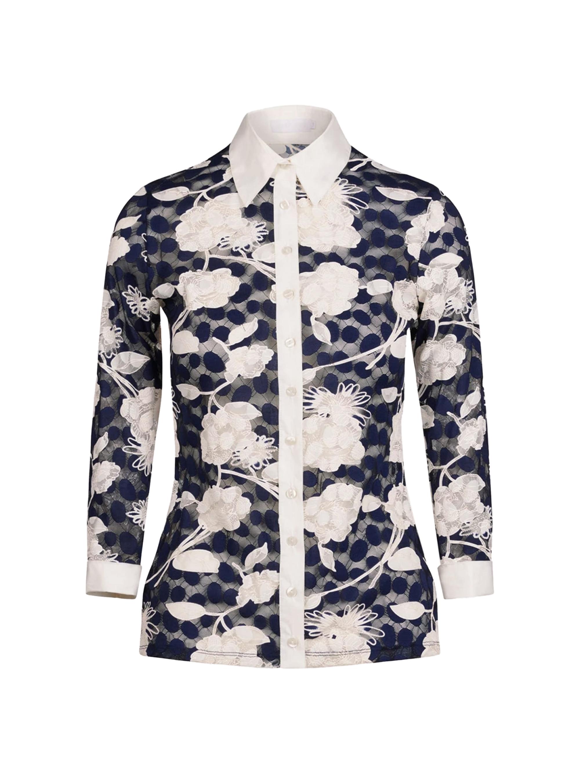 Anne Fontaine Women's Vaxy Floral Lace & Mesh Button-Front Shirt - Dark Blue