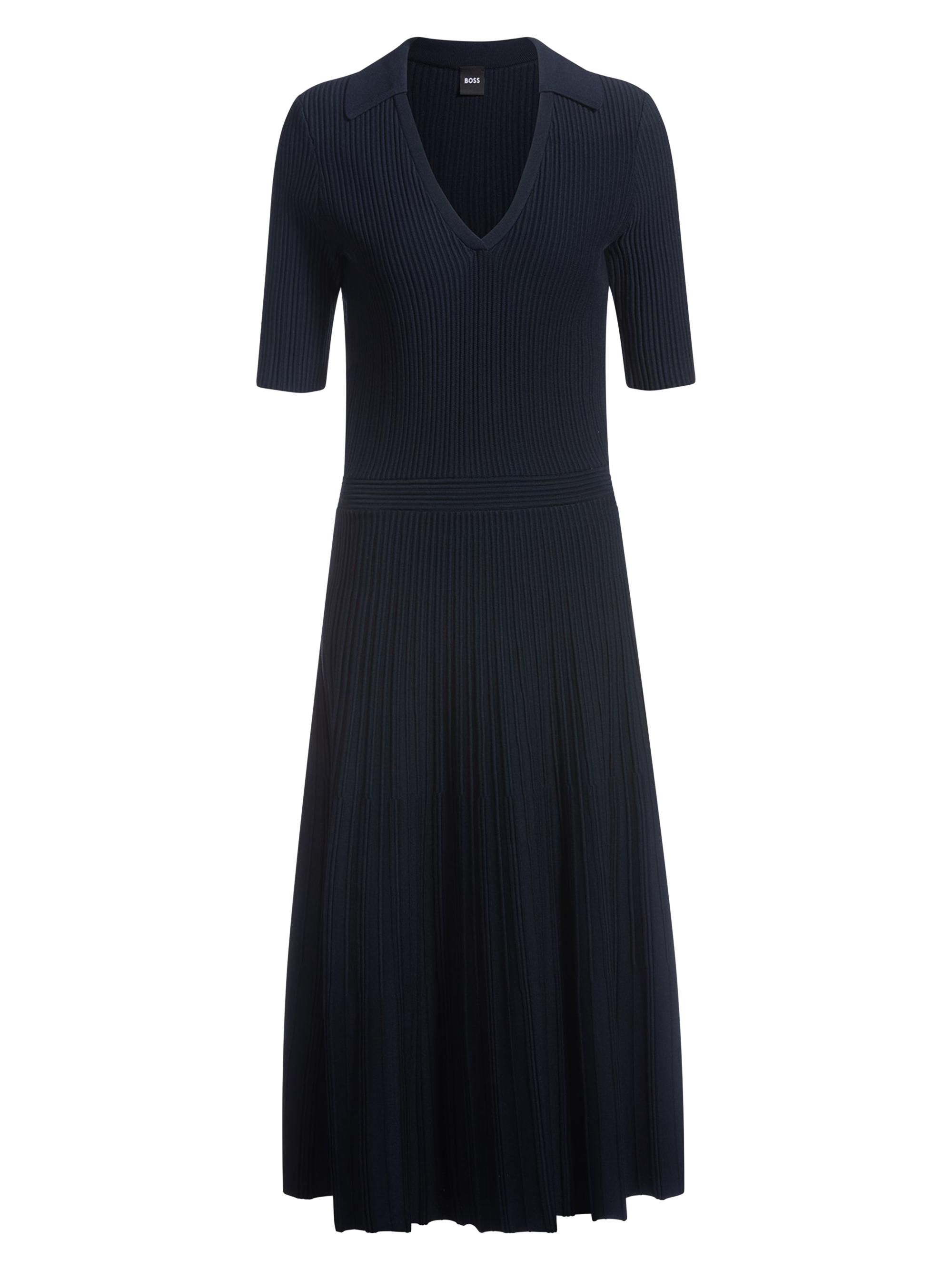 BOSS Women's V-Neck Dress with Ribbed Structure - Dark Blue