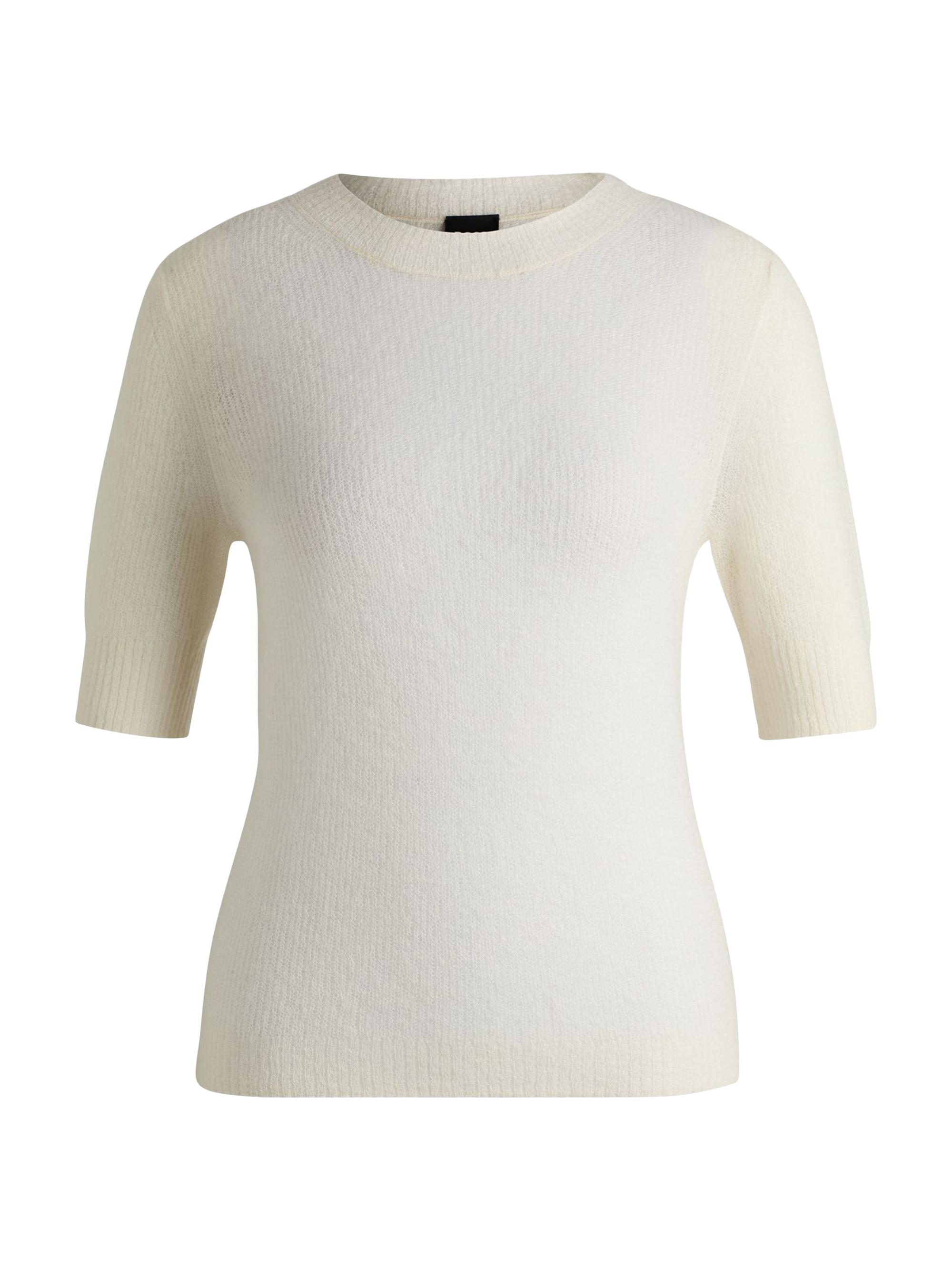 BOSS Women's Cropped-Sleeve Knitted Sweater in Textured Wool - Natural