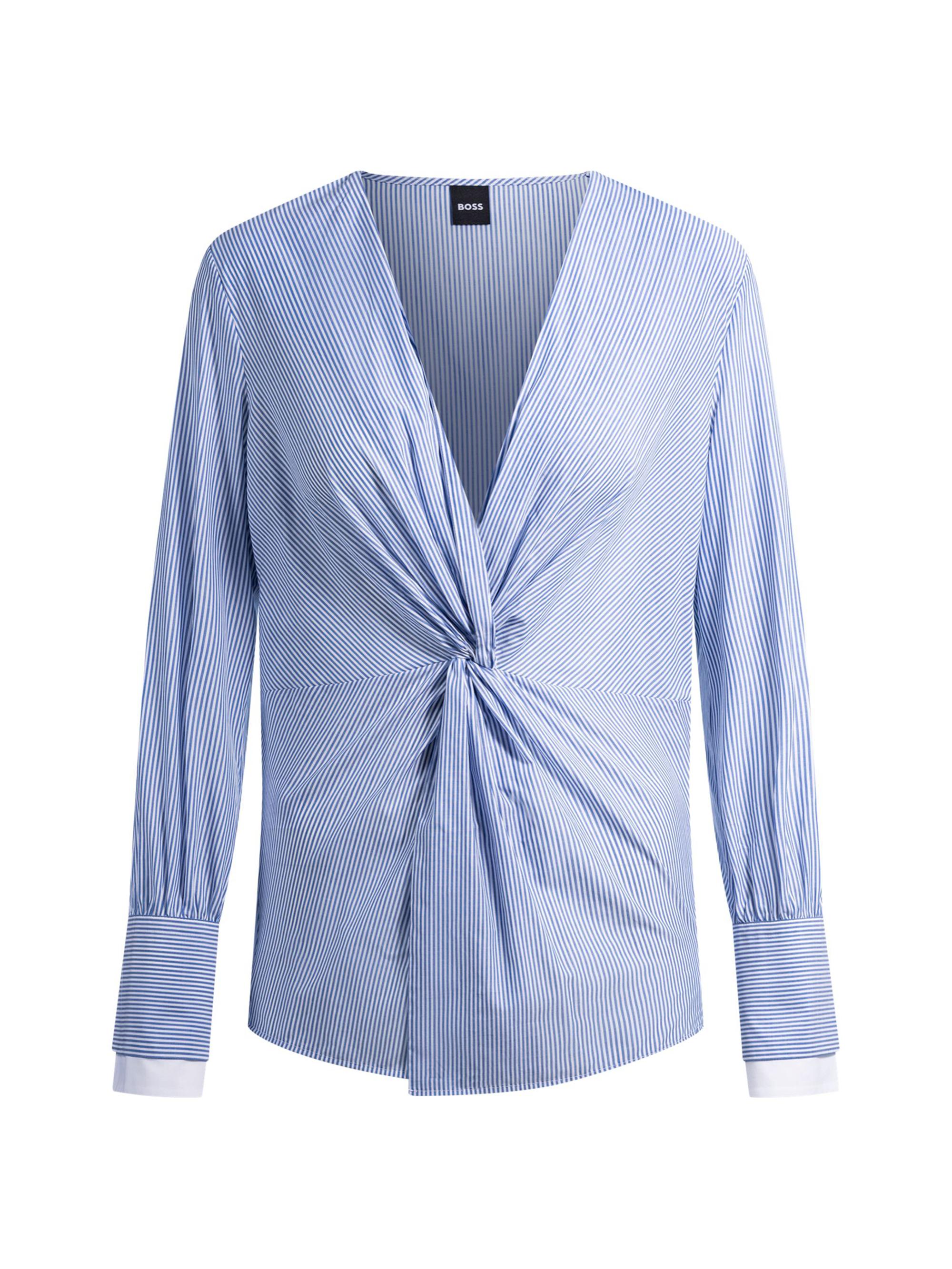 BOSS Women's Twist-Front Slim-Fit Blouse in Striped Cotton - Blue