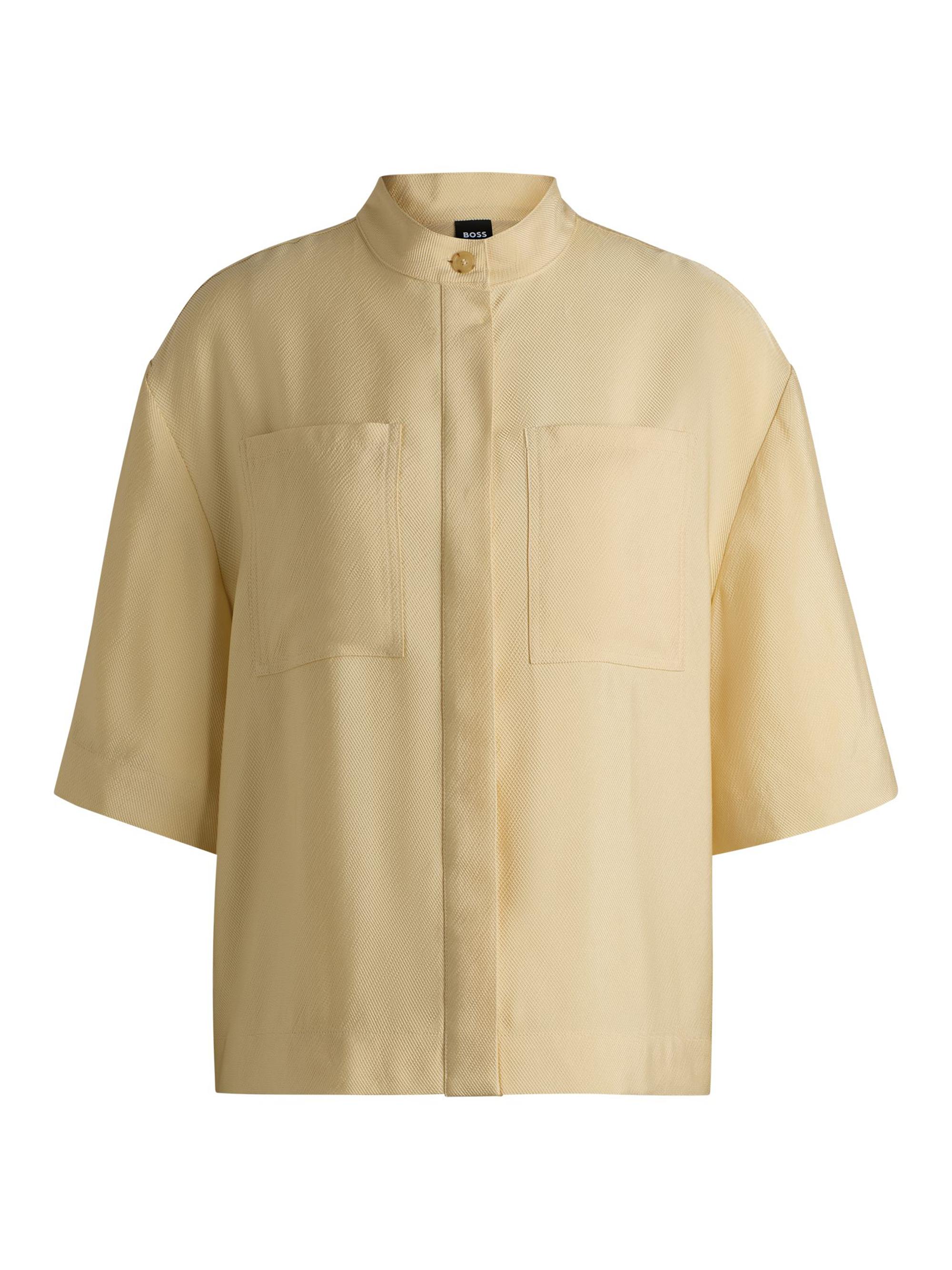 BOSS Women's Relaxed-Fit Blouse in Soft Twill with Stand Collar - Beige