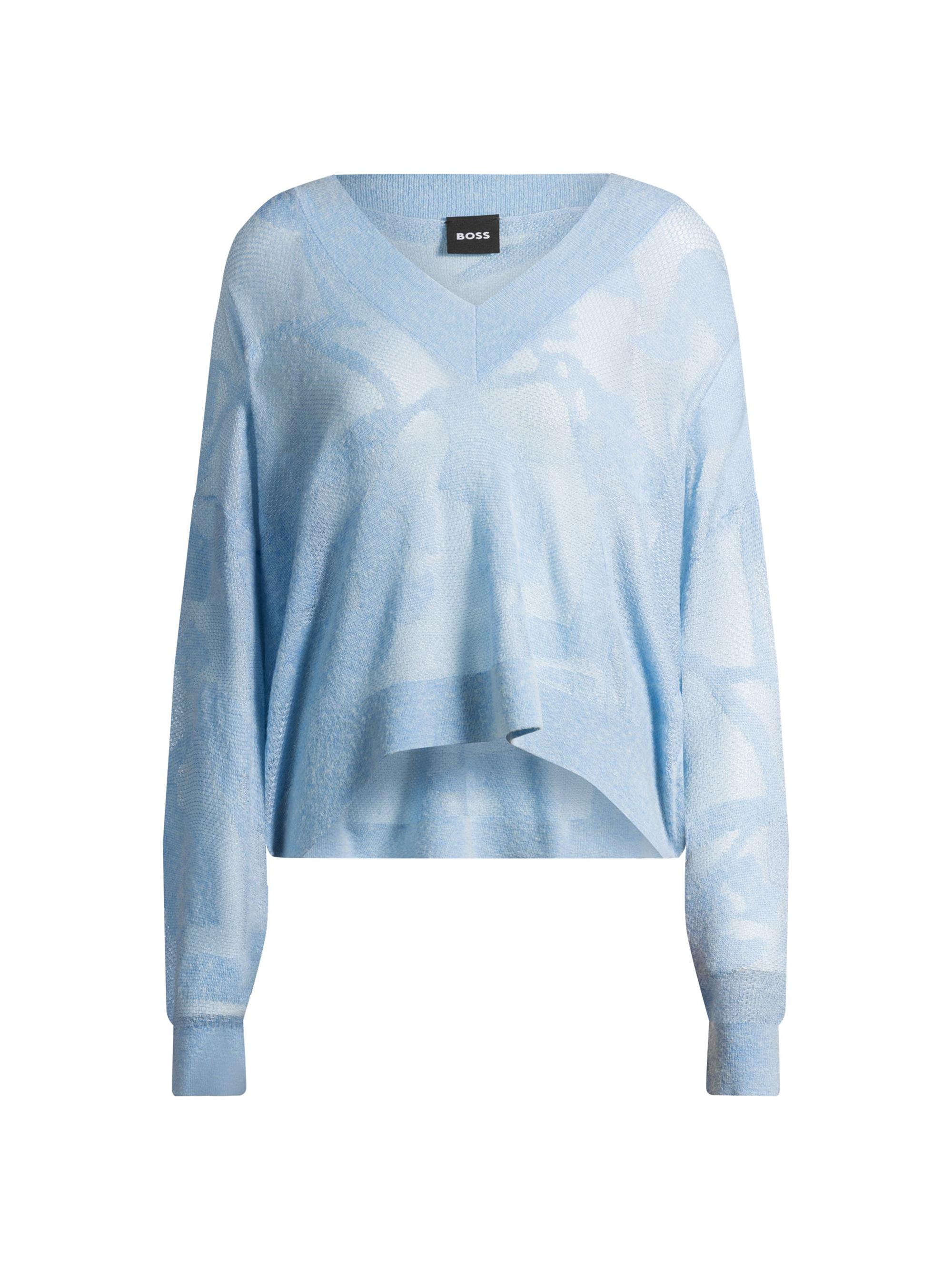 BOSS Women's V-Neck Sweater in Floral Knitted Jacquard - Light Blue
