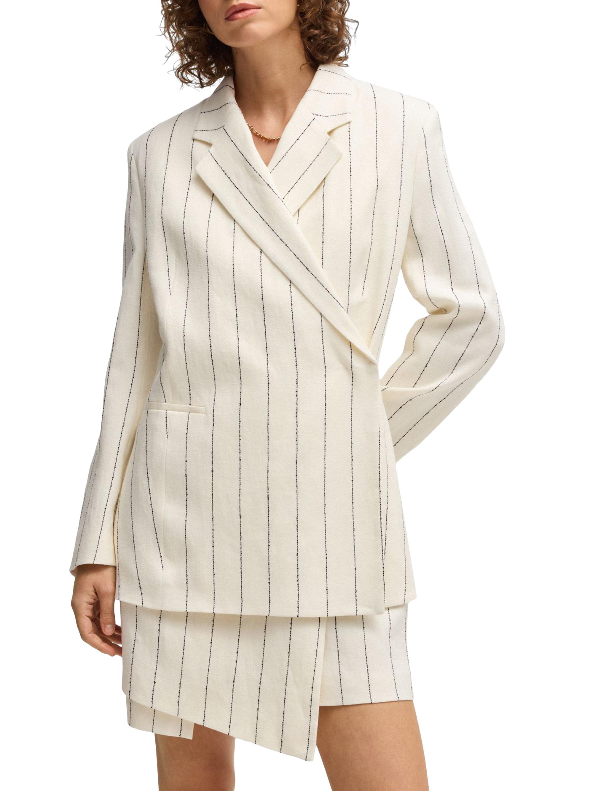 BOSS Women's Relaxed-Fit Suit Jacket in Striped Linen-Blend Bouclé - Patterned White