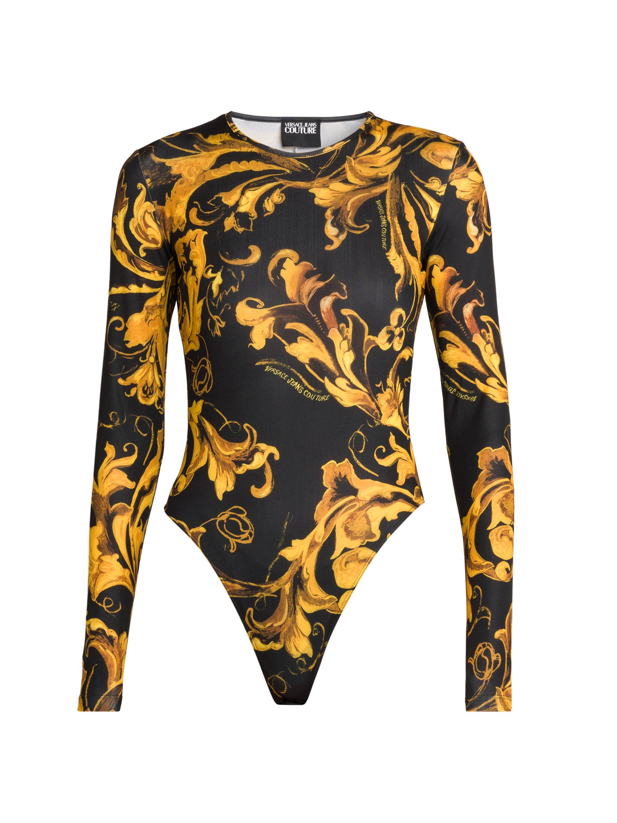 Versace Jeans Couture Women's Baroque-Print Long-Sleeve Bodysuit - Black Gold