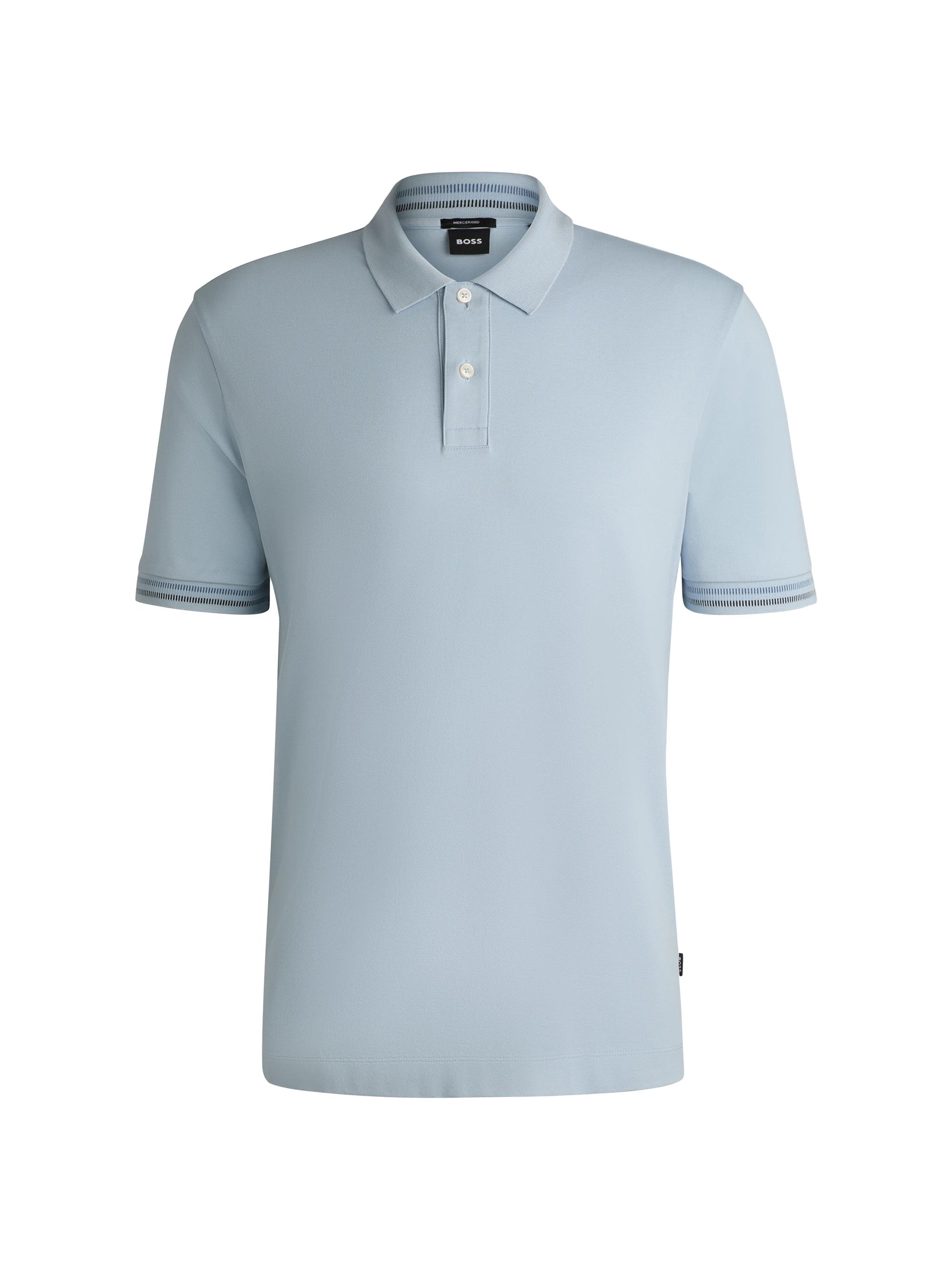 BOSS Men's Mercerized-Cotton Regular-Fit Polo Shirt with Stripe Trims - Light Blue