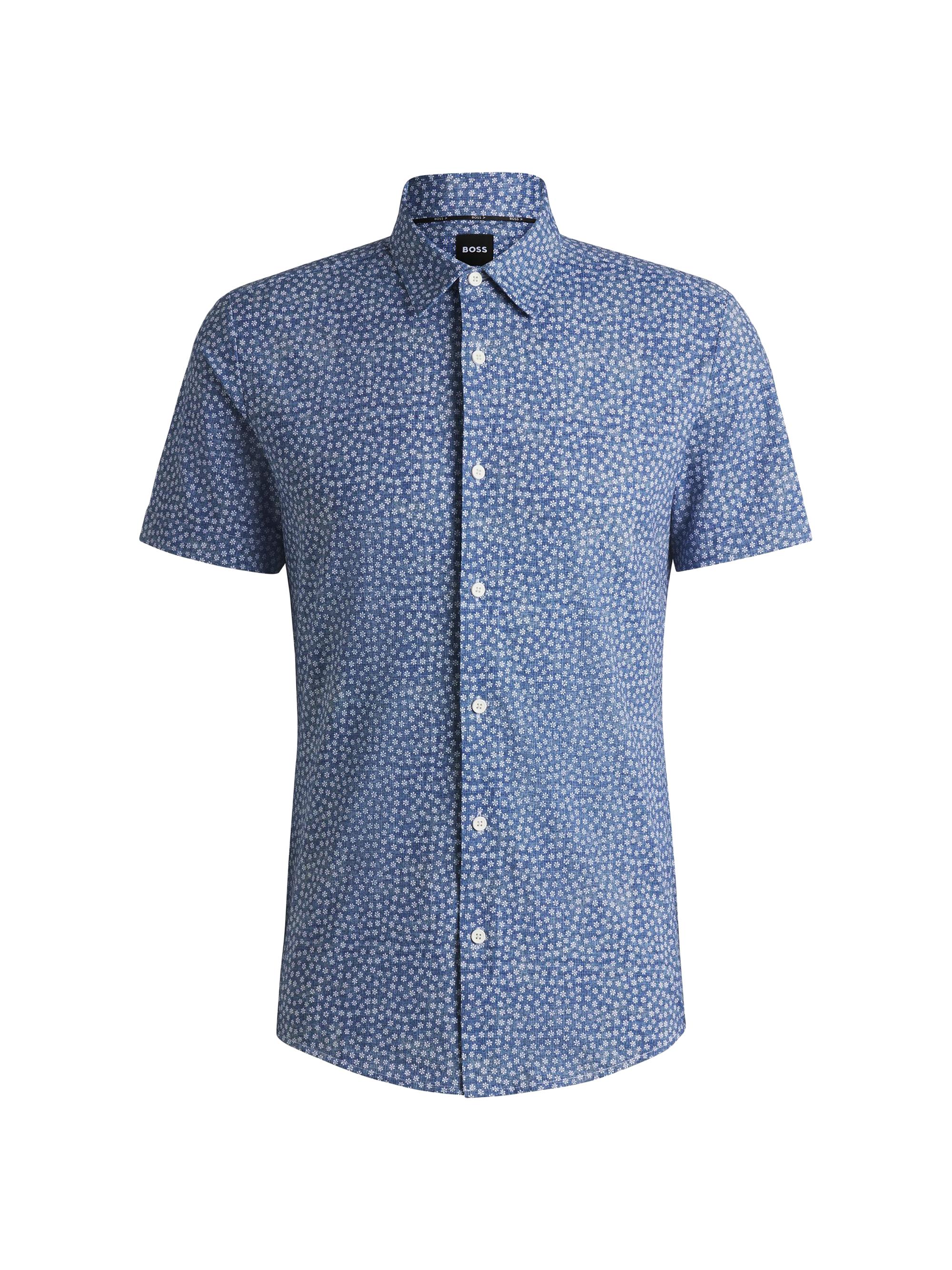 BOSS Men's Slim-Fit Shirt in Floral-Print Performance Fabric - Dark Blue