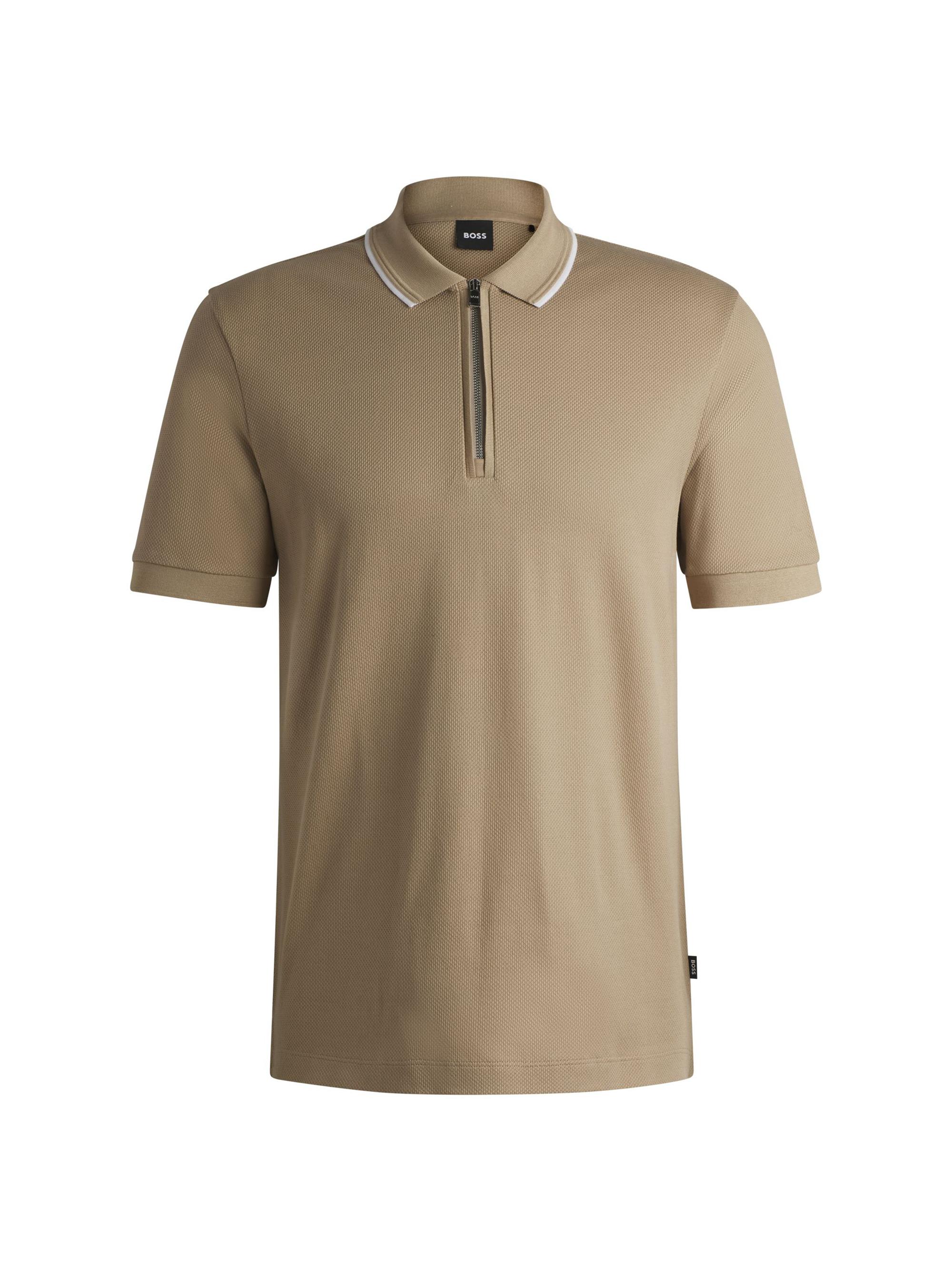 BOSS Men's Structured-Cotton Polo Shirt with Zip Placket - Light Beige