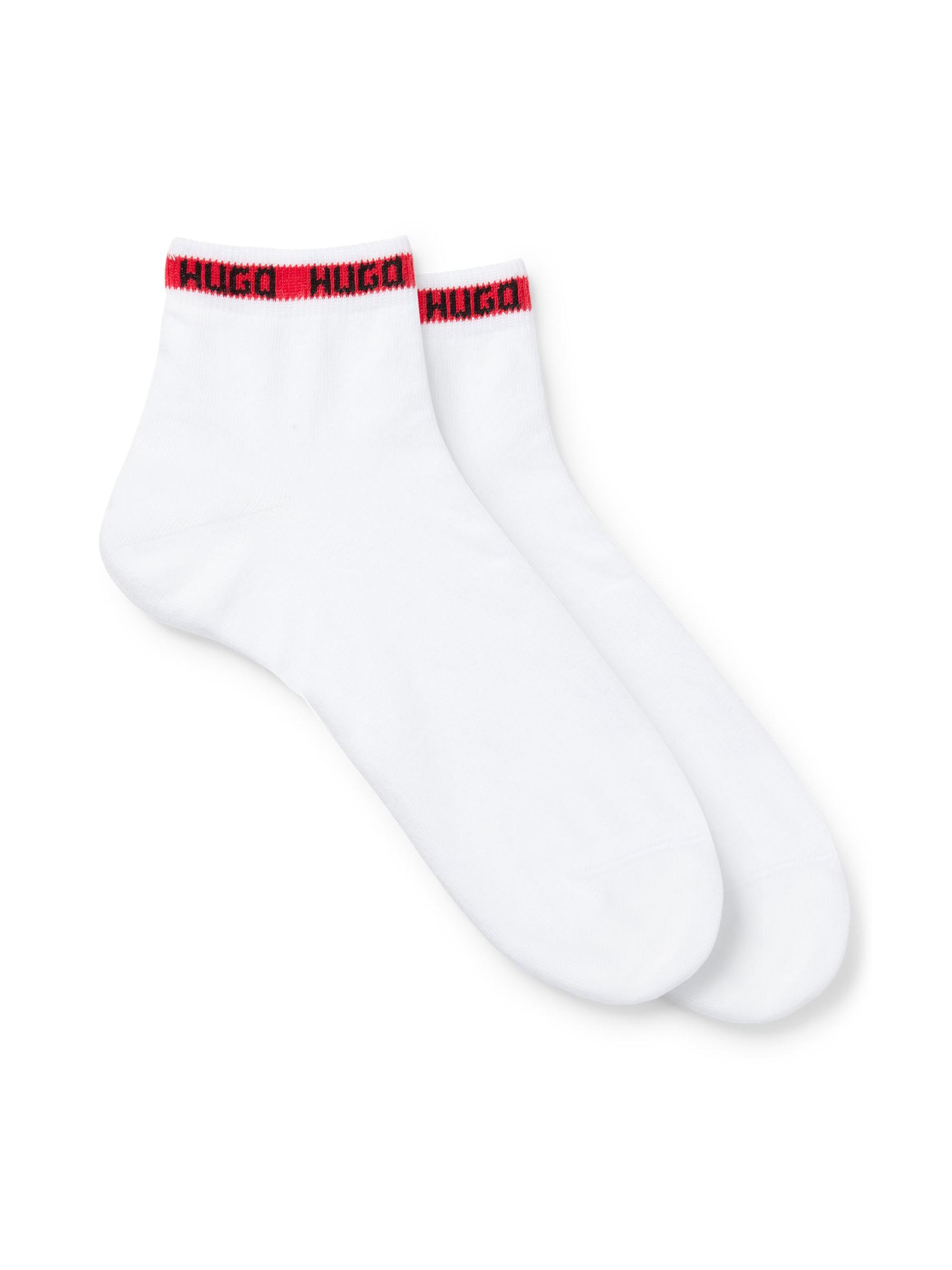 HUGO Men's Two-Pack of Short Length Socks with Logo Tape - White