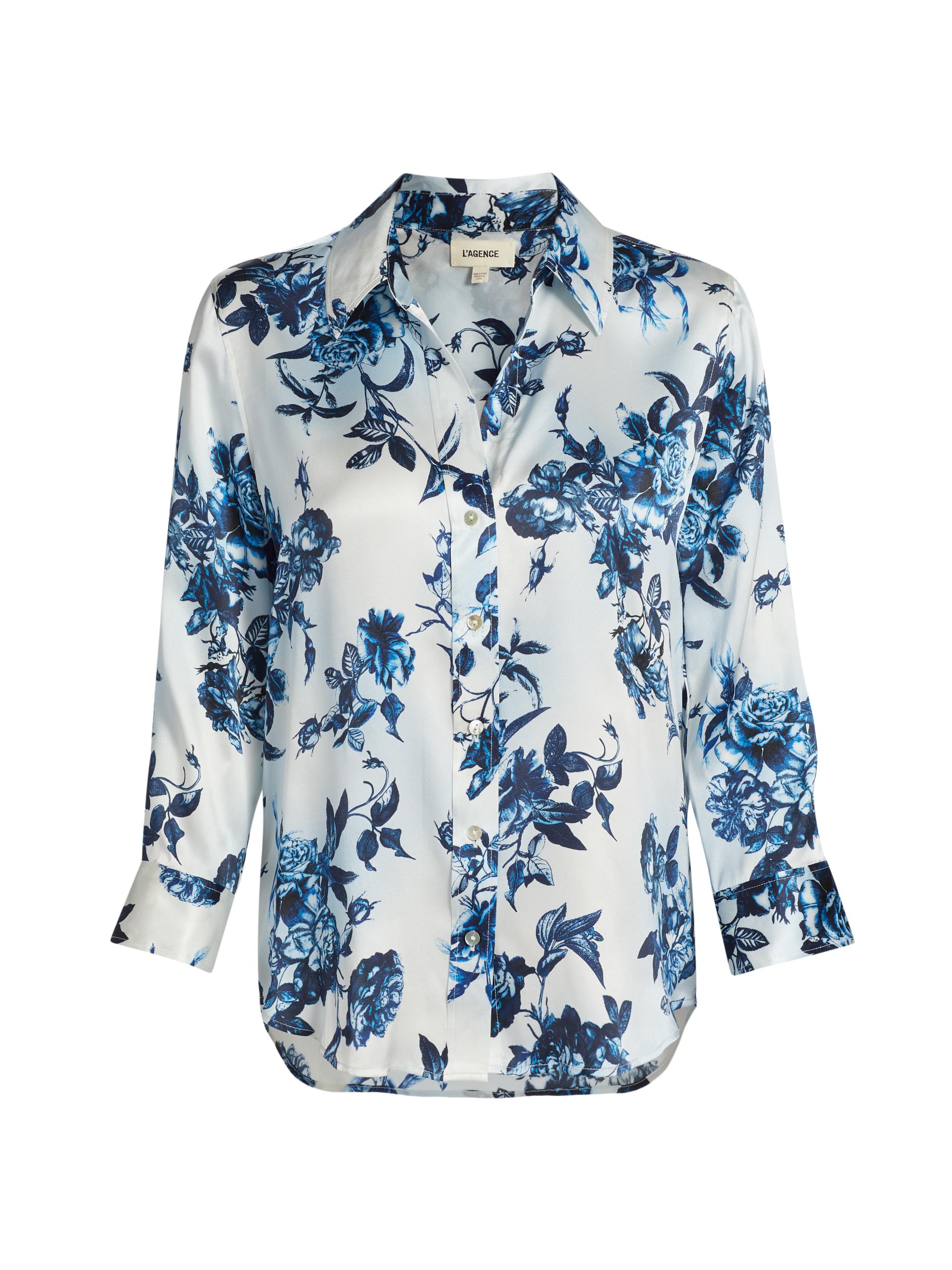 L'AGENCE Women's Dani Floral Silk Shirt - White Blue Painterly Floral