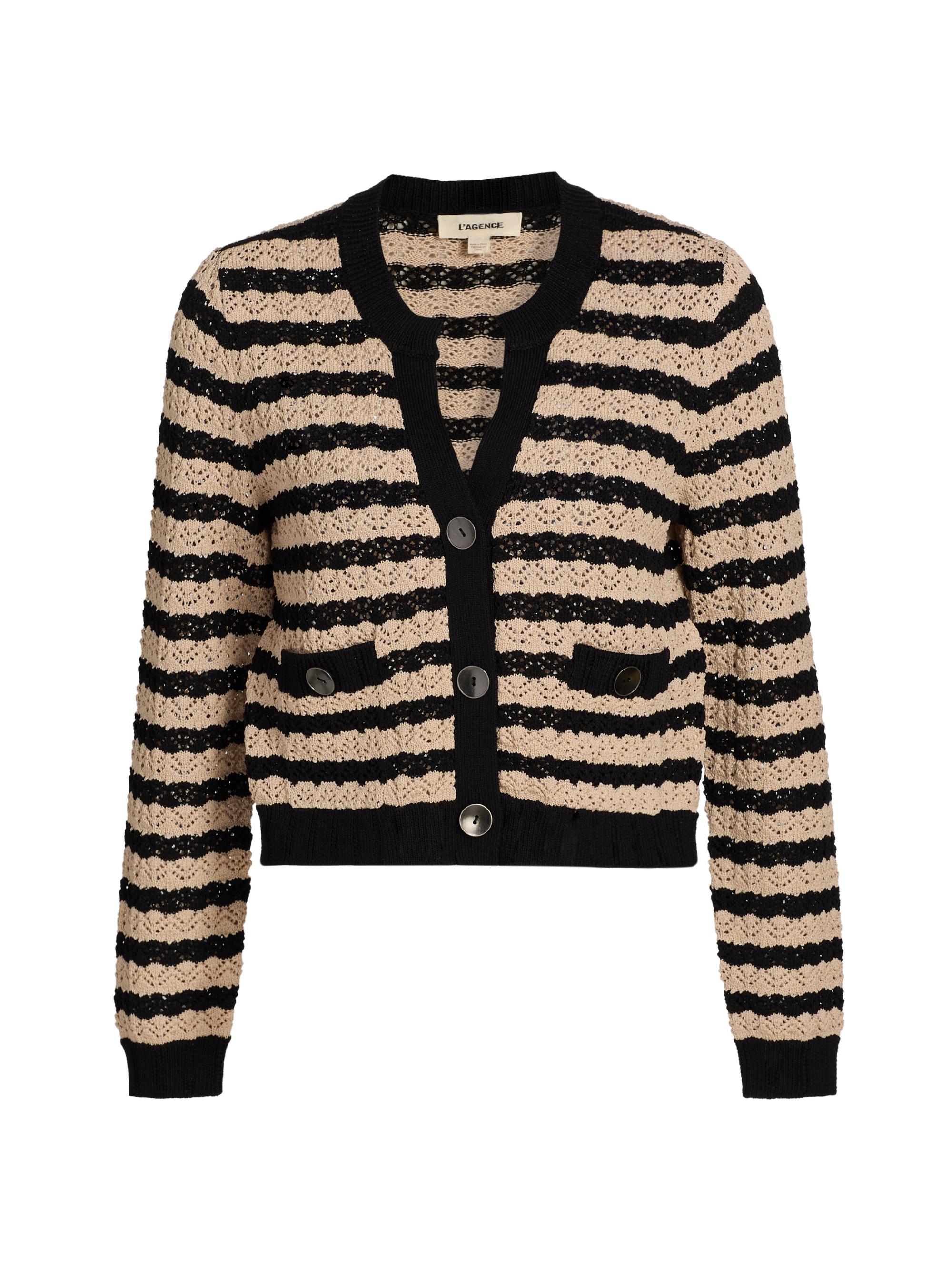 L'AGENCE Women's Orla Striped Pointelle Knit Cardigan - Black Natural Stripe