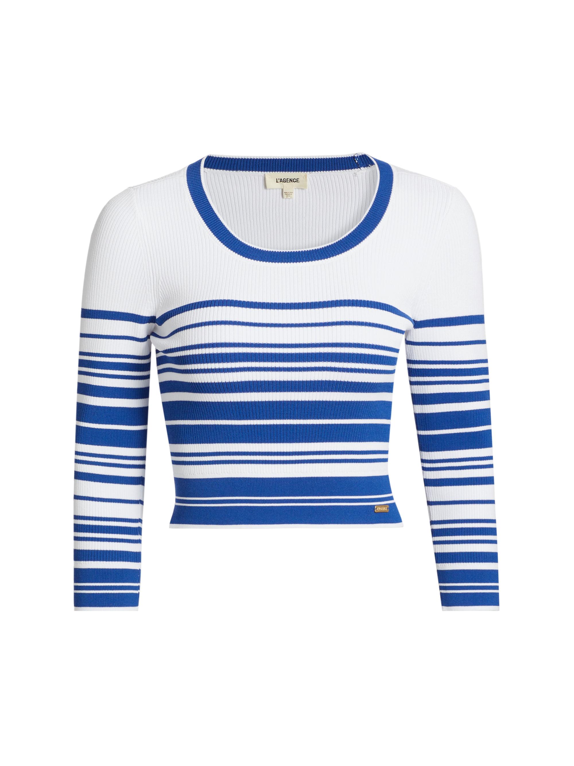 L'AGENCE Women's Yukio Striped Cropped Crewneck Top - White Navy