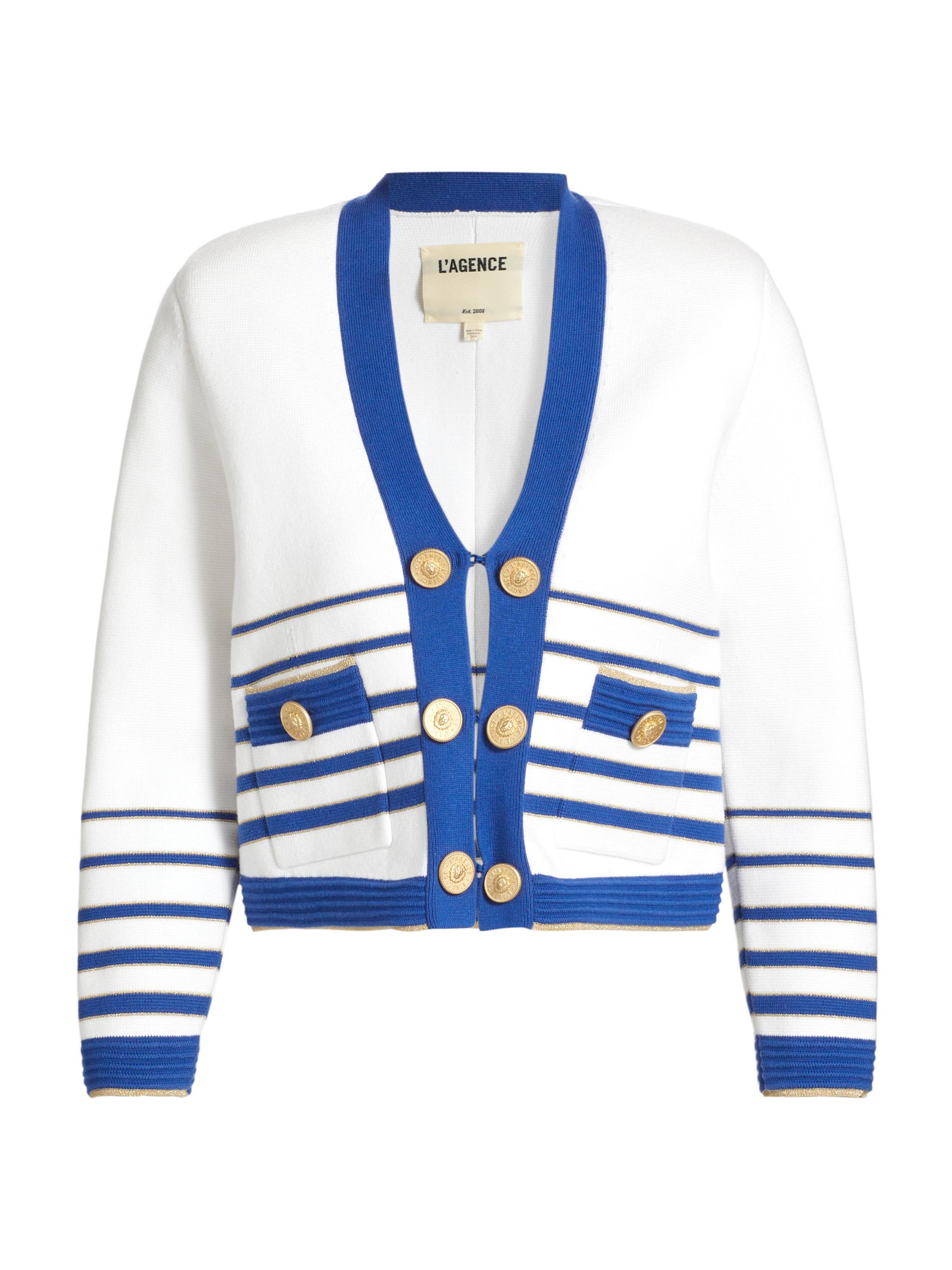L'AGENCE Women's Catie Striped V-Neck Knit Sweater Blazer - White Navy Gold