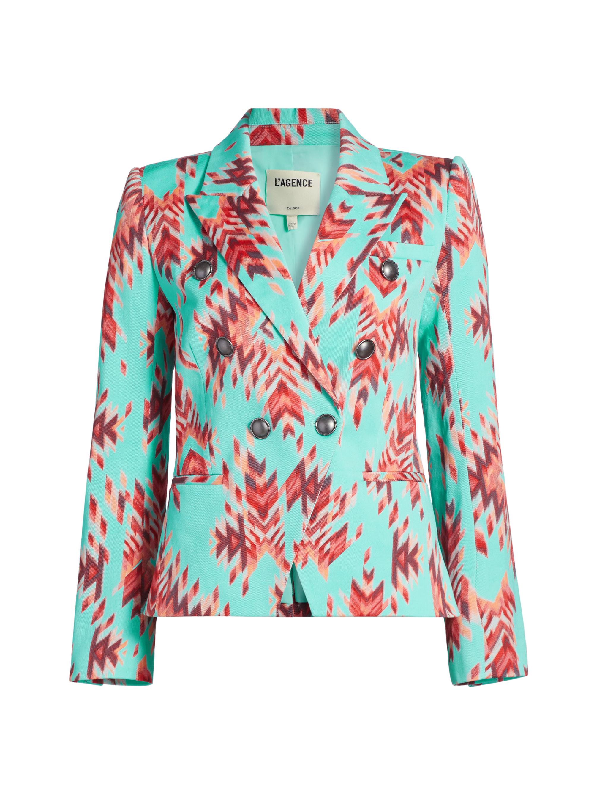L'AGENCE Women's Marie Printed Double-Breasted Blazer - Pool Blue Multi Ganado Print
