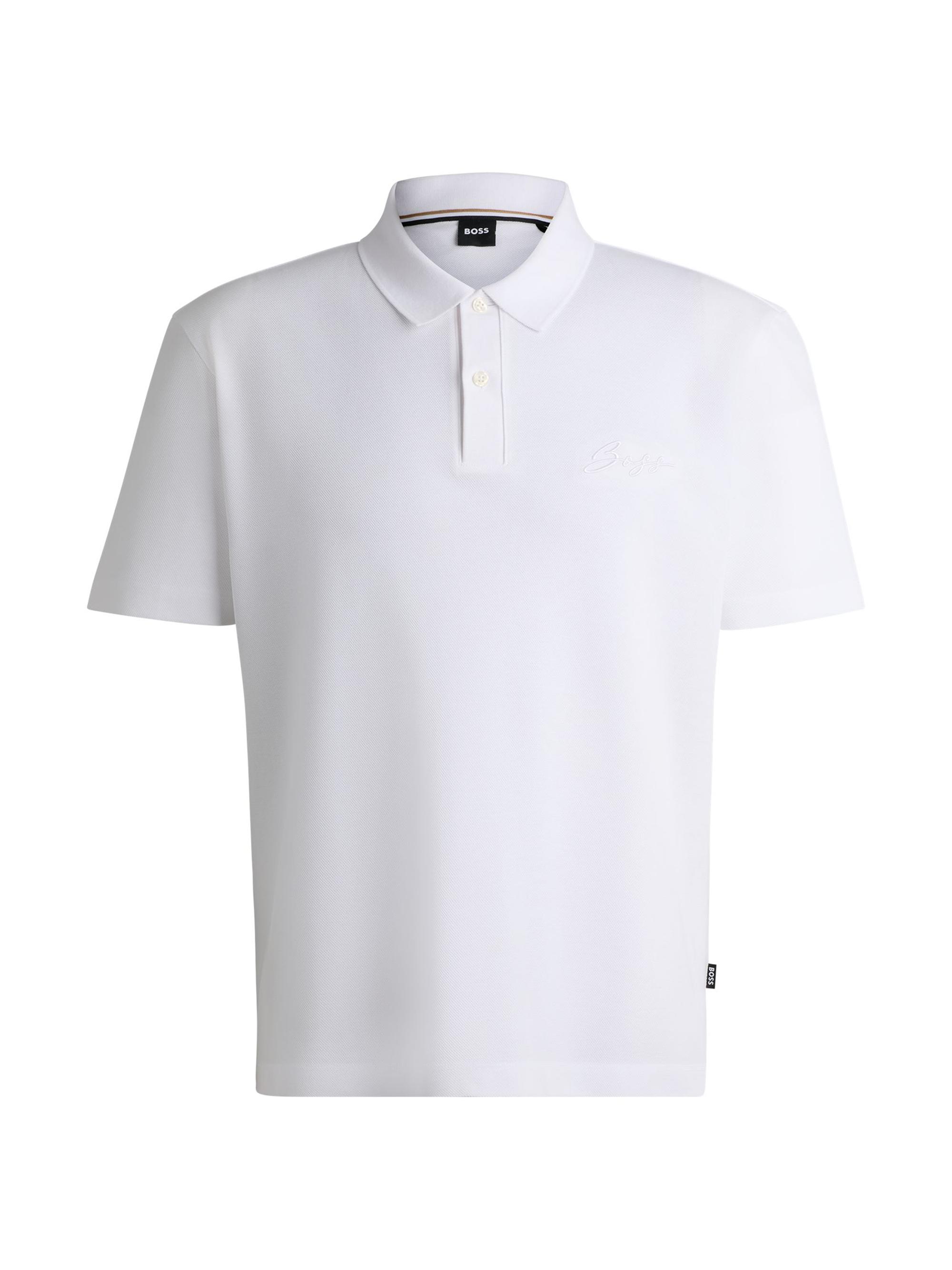 BOSS Men's Mercerized-Cotton Polo Shirt with Script Logo - White