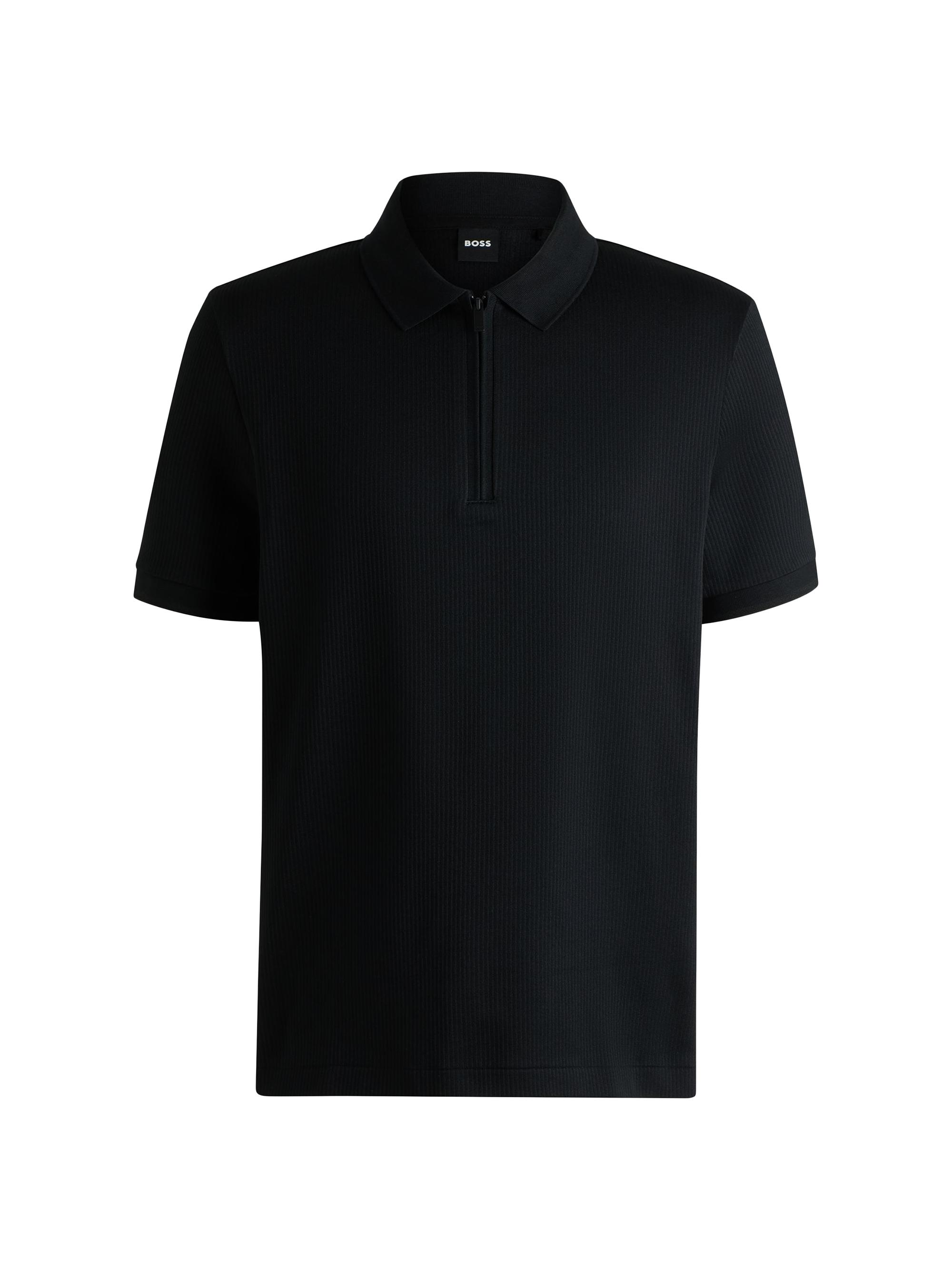 BOSS Men's Polo Shirt with Seersucker Structure - Black
