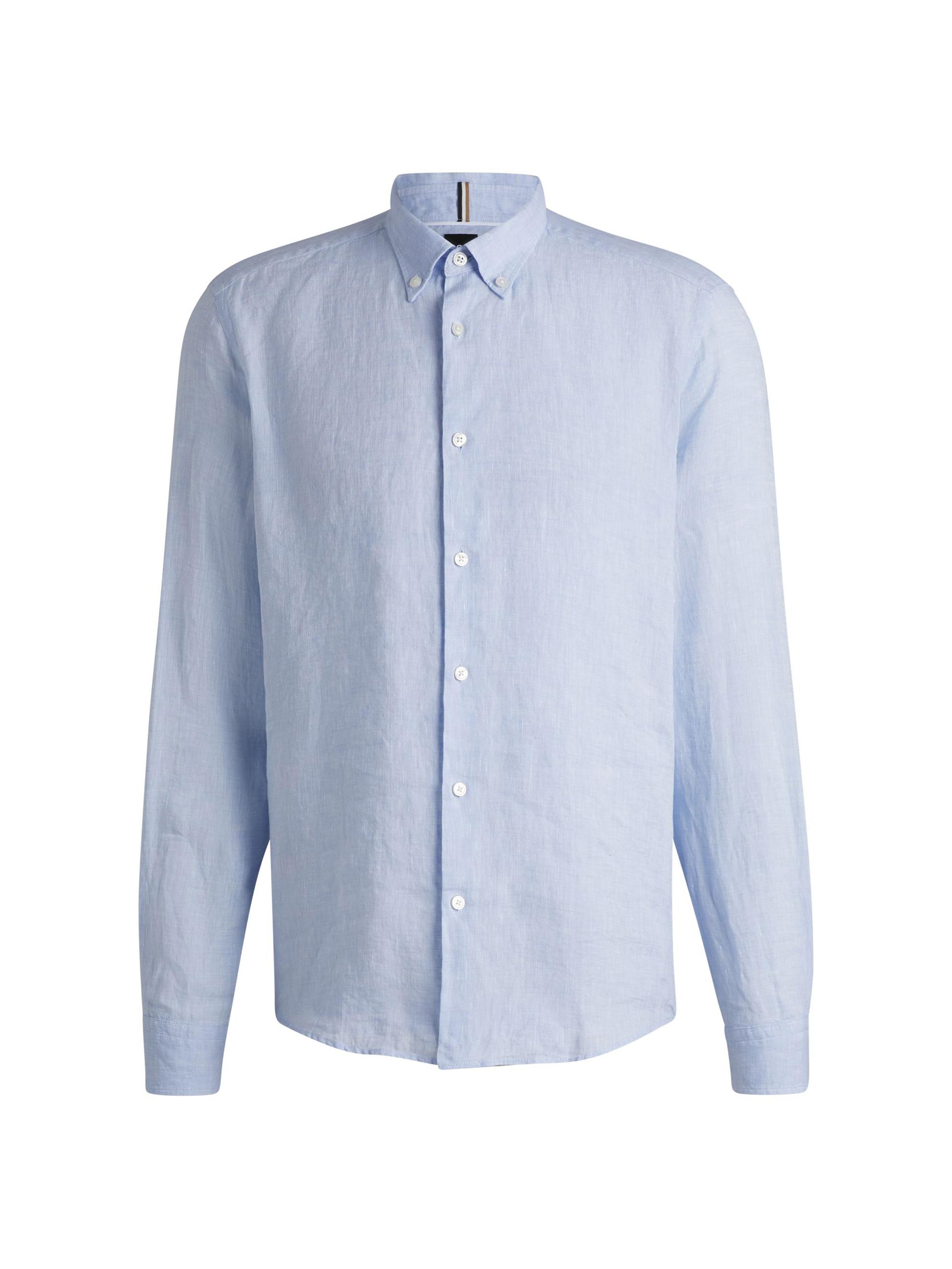BOSS Men's Regular-Fit Button-Down Shirt in Linen - Light Blue