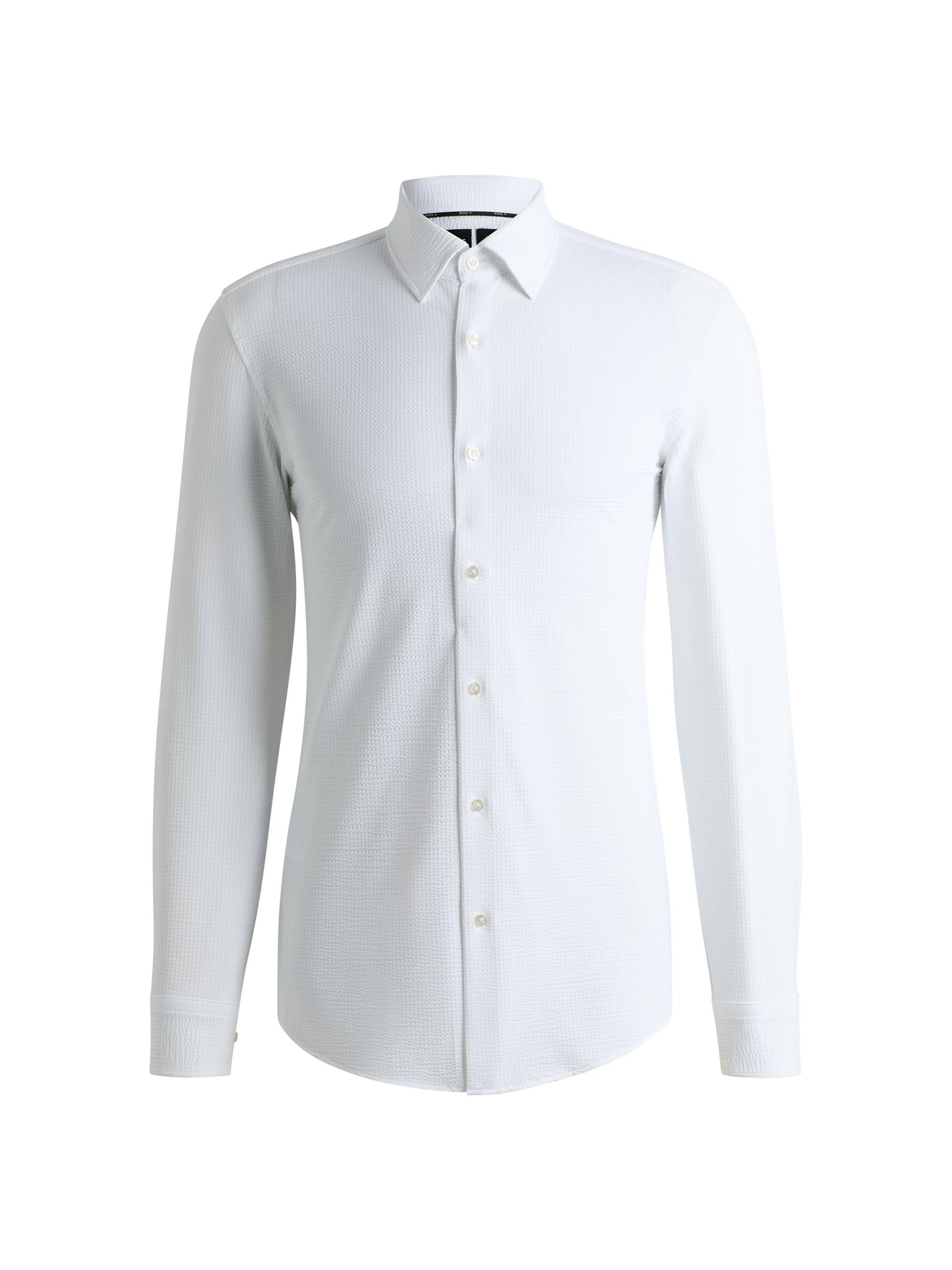 BOSS Men's Slim-Fit Shirt in Italian-Made Performance-Stretch Seersucker - White
