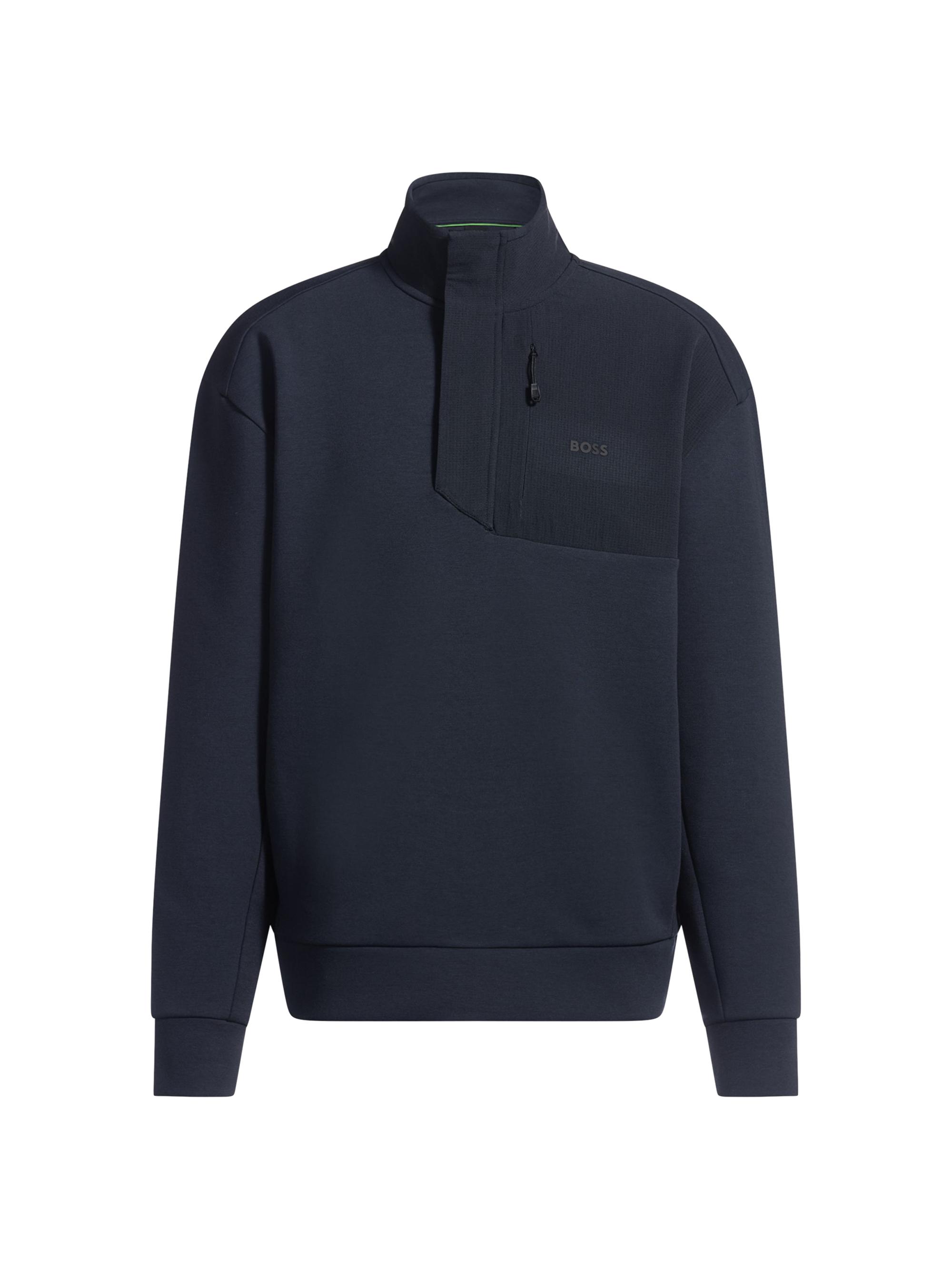 BOSS Men's Super-Stretch Sweatshirt with Stormflap Detail - Dark Blue