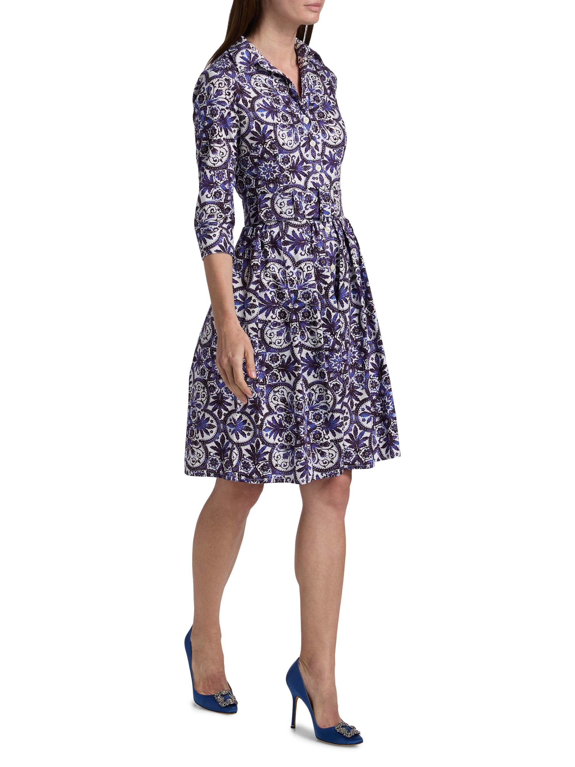 Samantha Sung Women's Audrey Marakesh Tile Cotton Shirtdress - Marakesh White Cobalt Blue