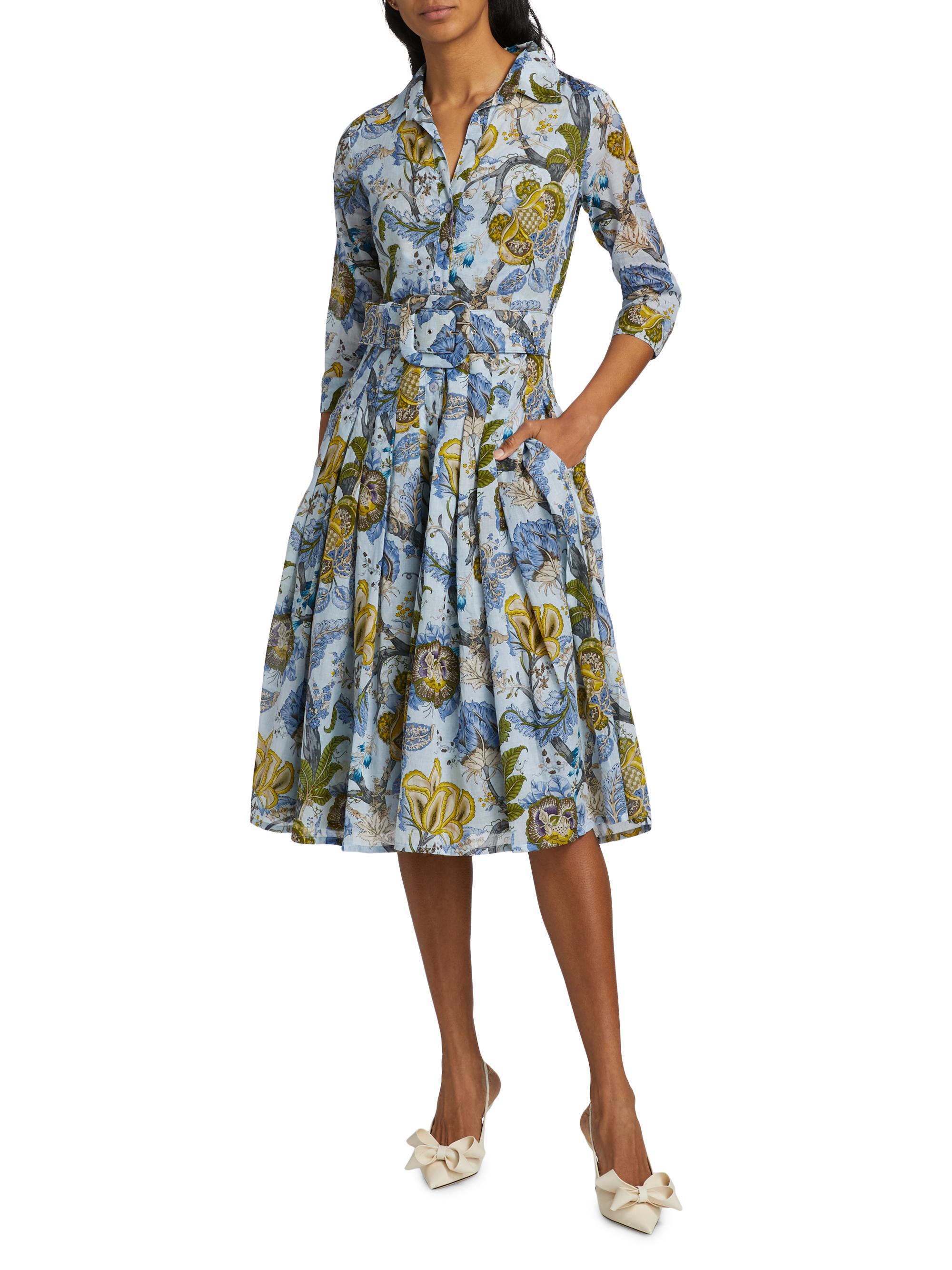 Samantha Sung Women's Audrey Dart Hills Garden Cotton Shirtdress - Darts Hills Garden Soft Blue