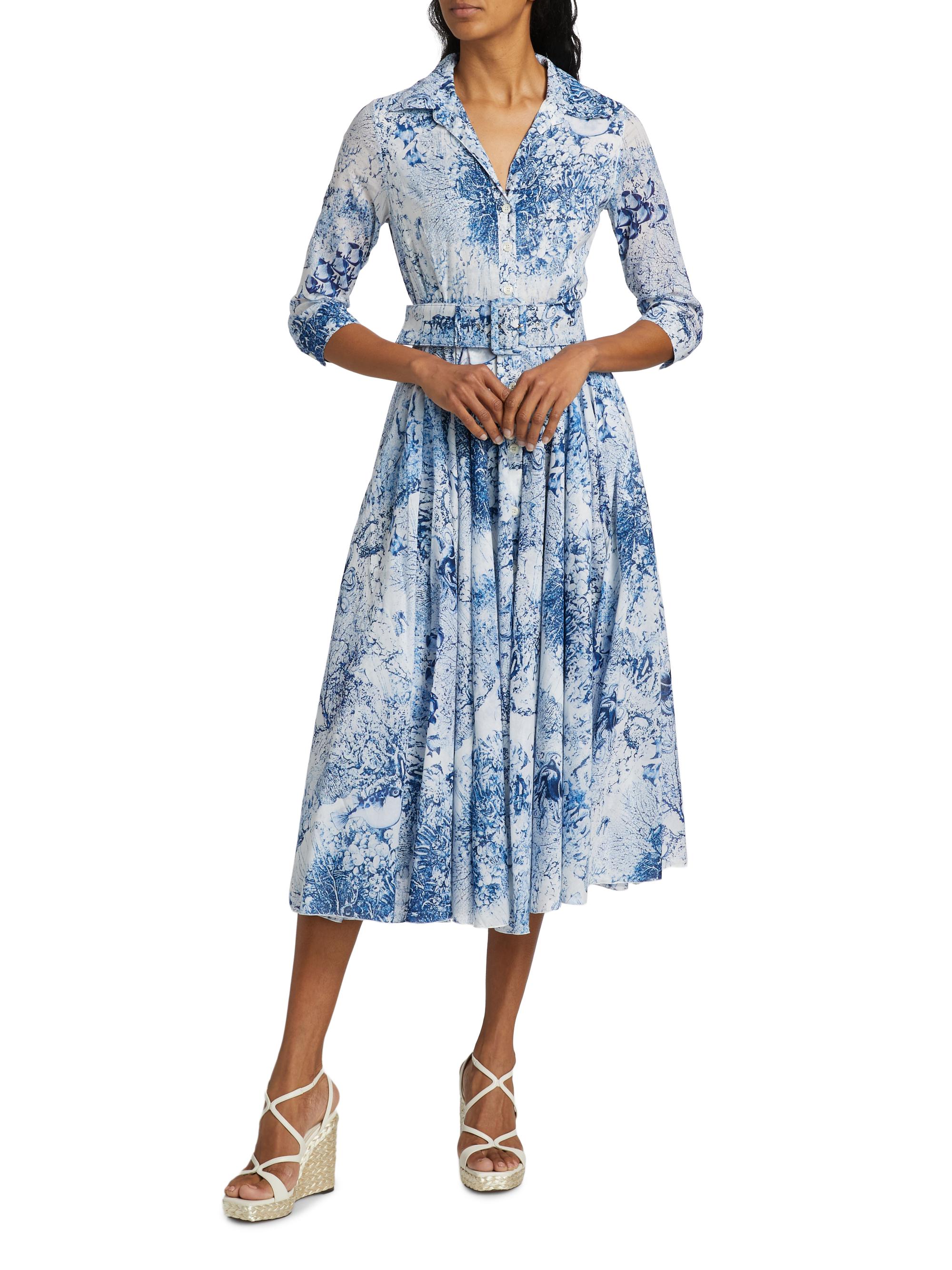 Samantha Sung Women's Aster Ocean Tile Cotton Shirtdress - Oceana Tile White Blue