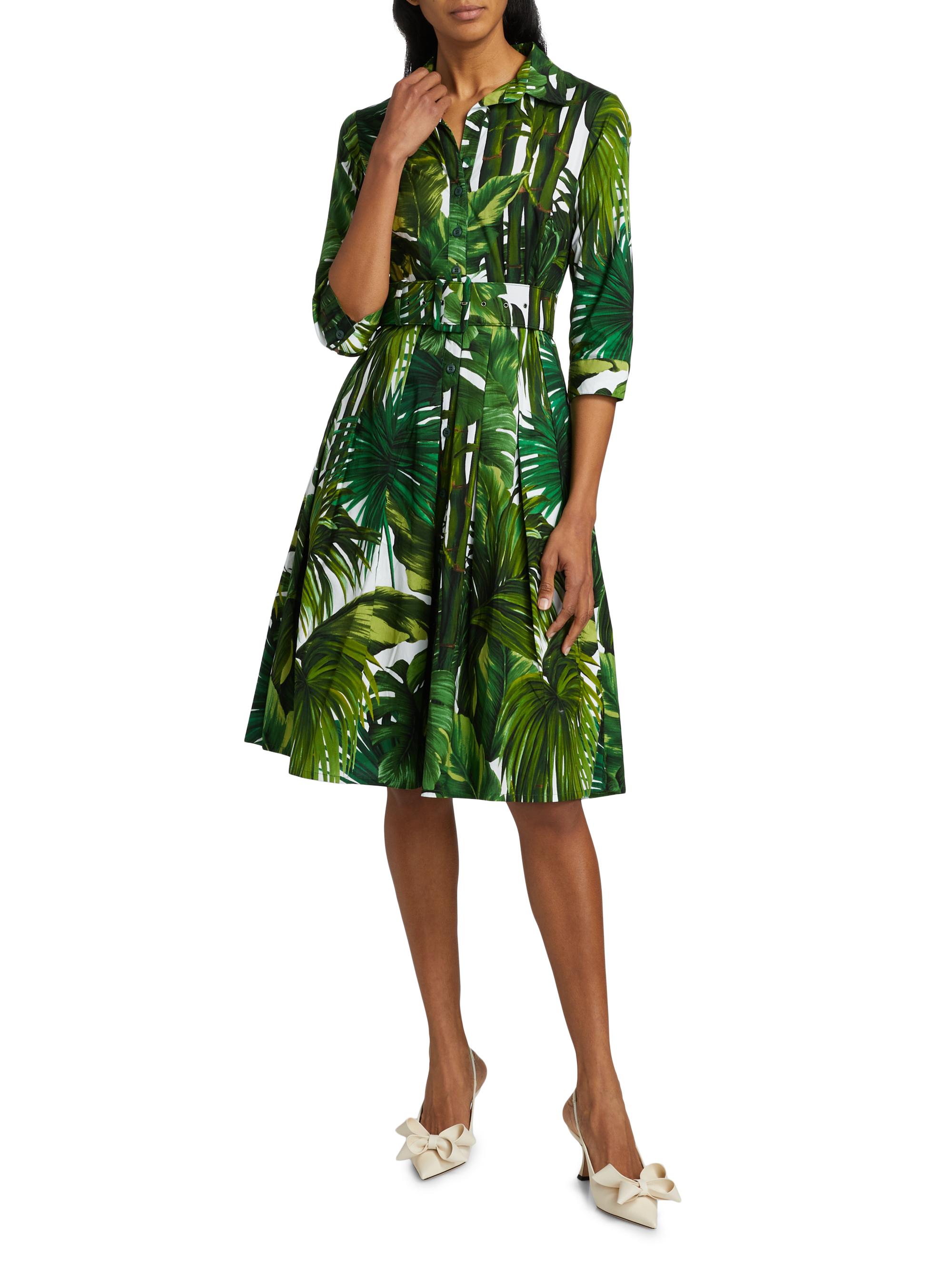 Samantha Sung Women's Audrey Honolulu Palm Cotton Shirtdress - Honolulu Palm White Green