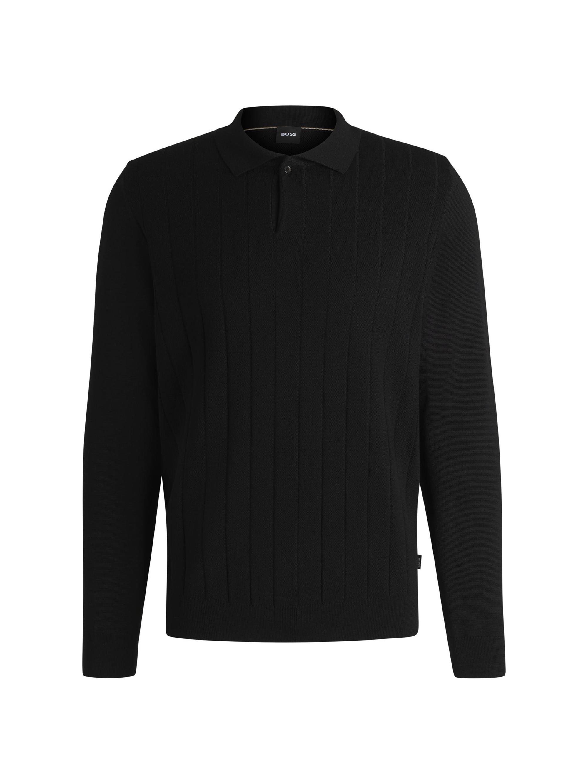 BOSS Men's Wool Polo Sweater with Knitted Stripes - Black
