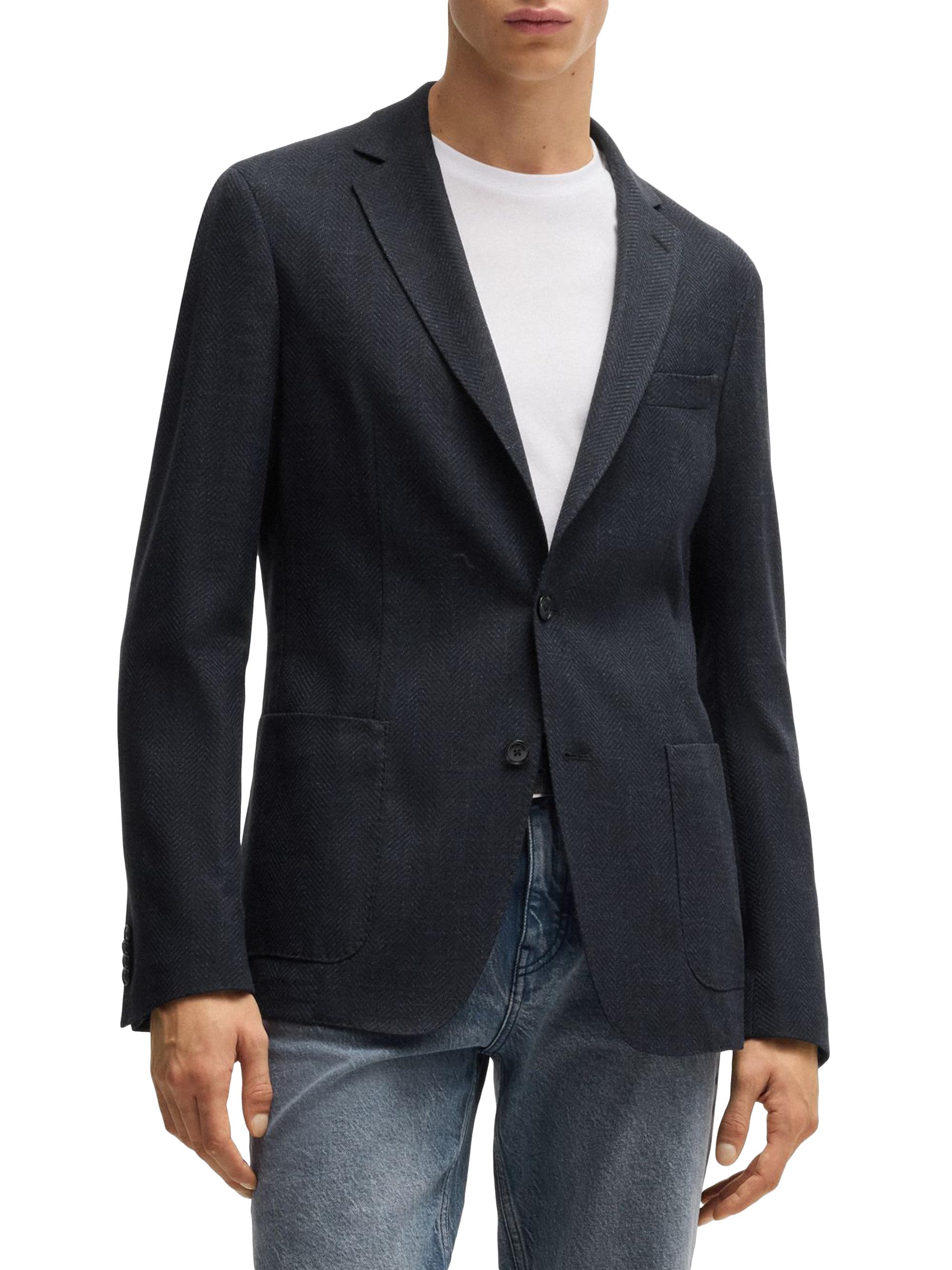BOSS Men's Slim-Fit Blazer in Herringbone Cotton - Dark Blue