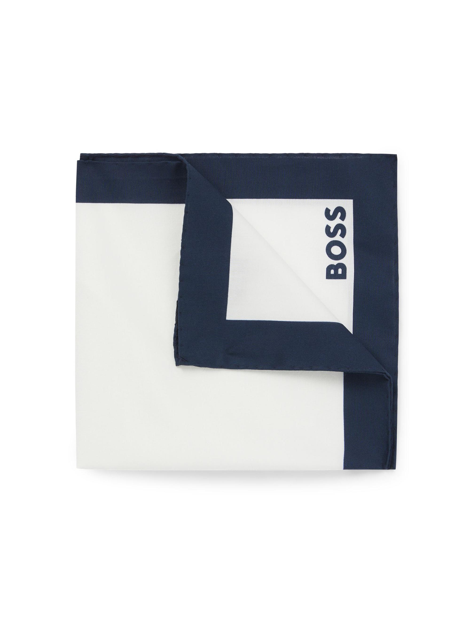 BOSS Men's Cotton Pocket Square with Logo and Border Print - Dark Blue