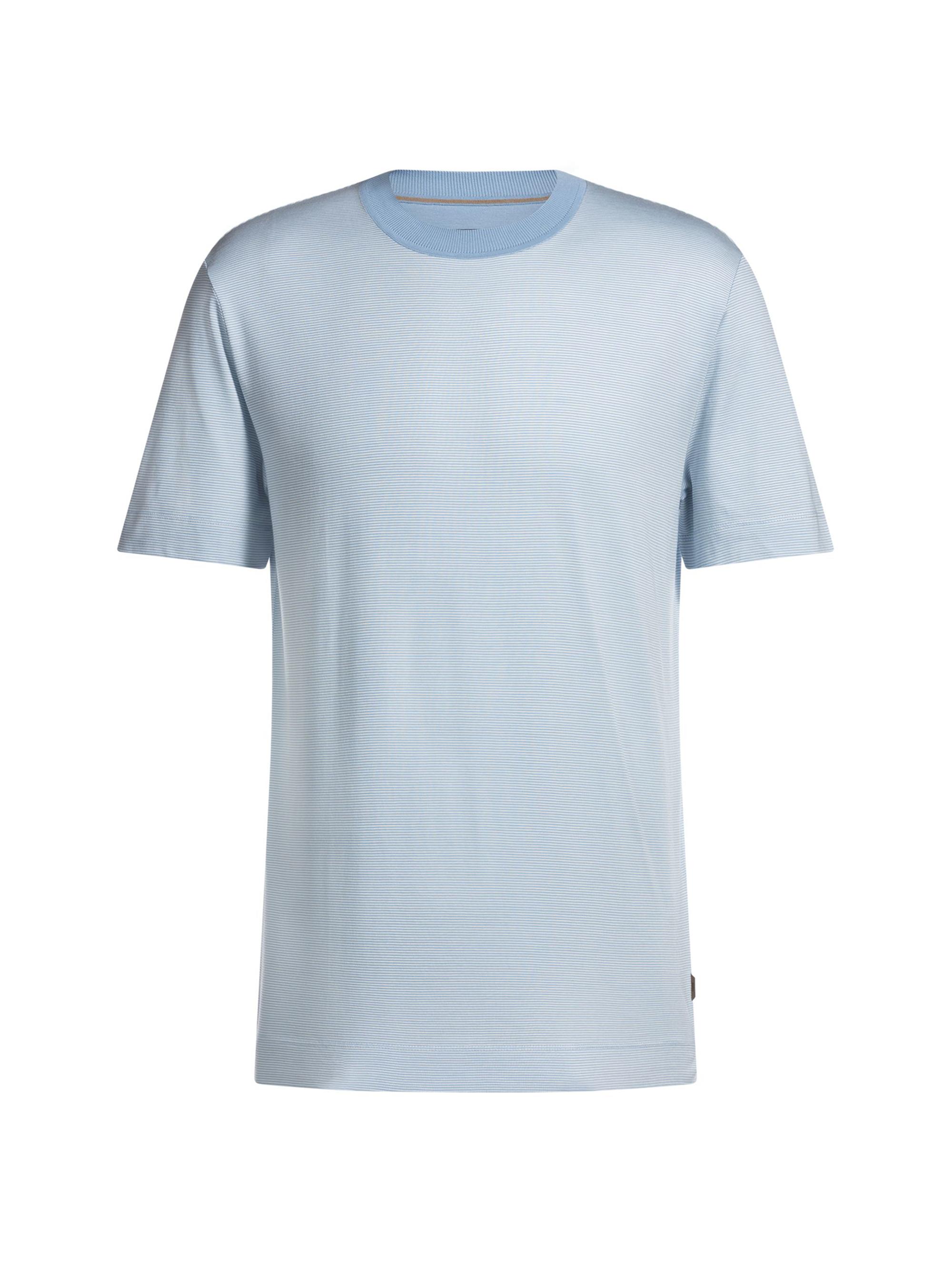 BOSS Men's Cotton-Silk T-Shirt with Fineline Stripes - Light Blue