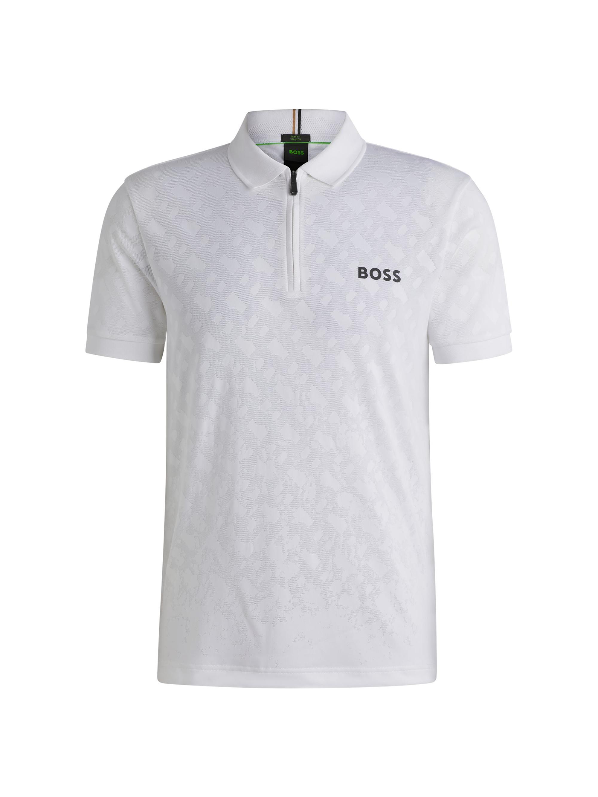 BOSS Men's Active Quick-Dry Polo Shirt with Gradient Monogram Jacquard - White