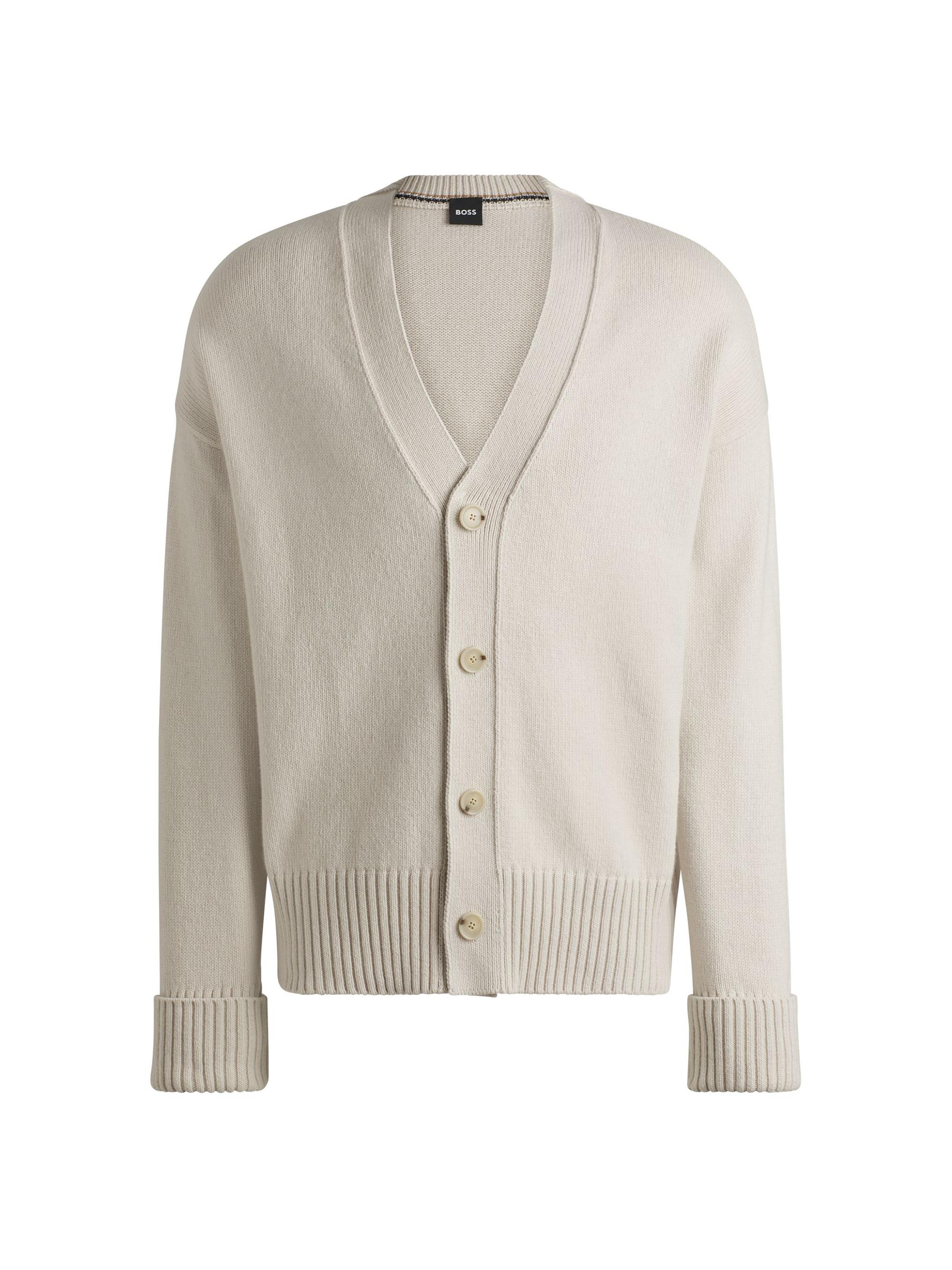 BOSS Men's Relaxed-Fit Cardigan with Button Front and Ribbed Cuffs - Open White