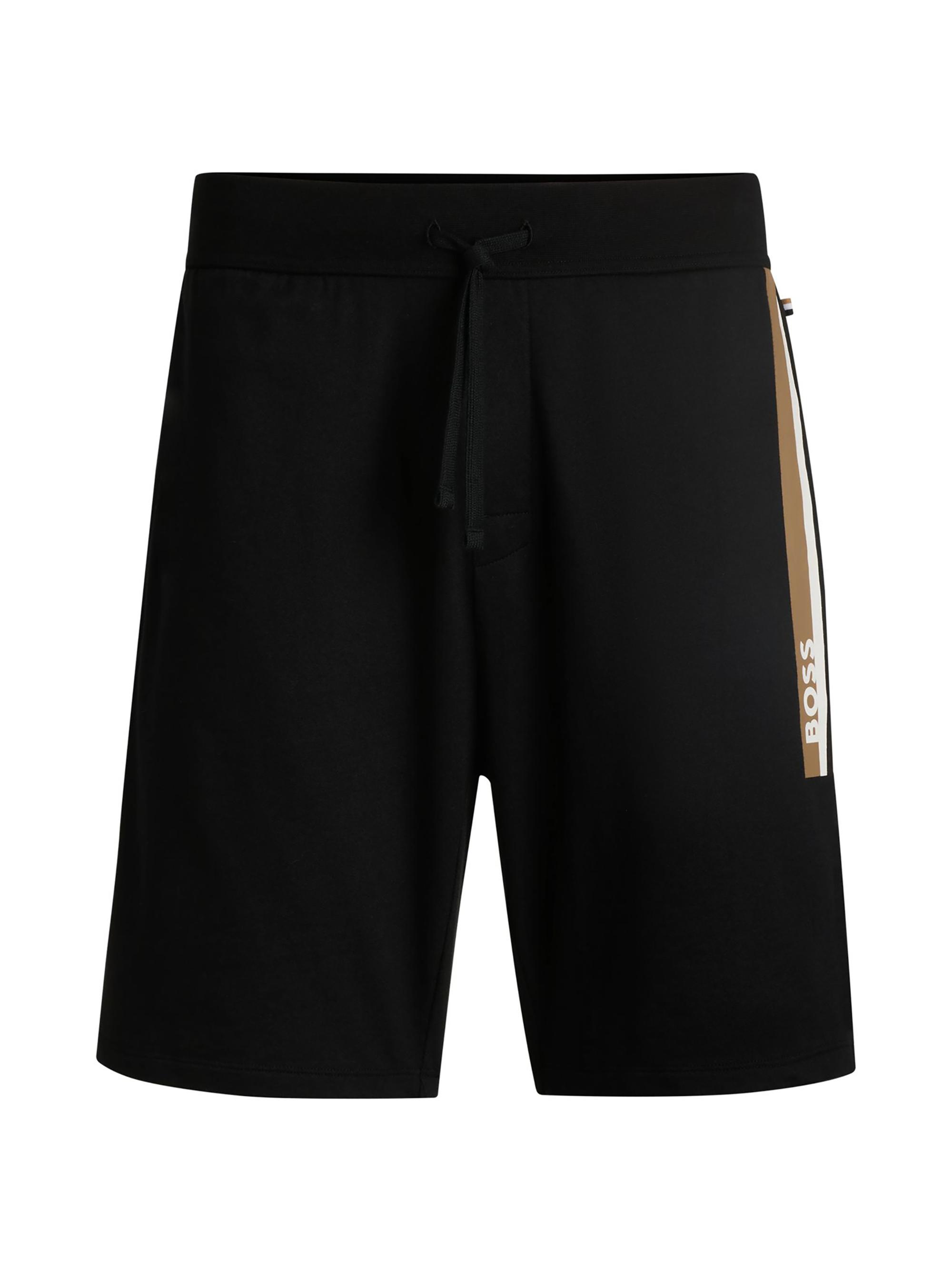 BOSS Men's Cotton-Terry Shorts with Stripe Print - Black