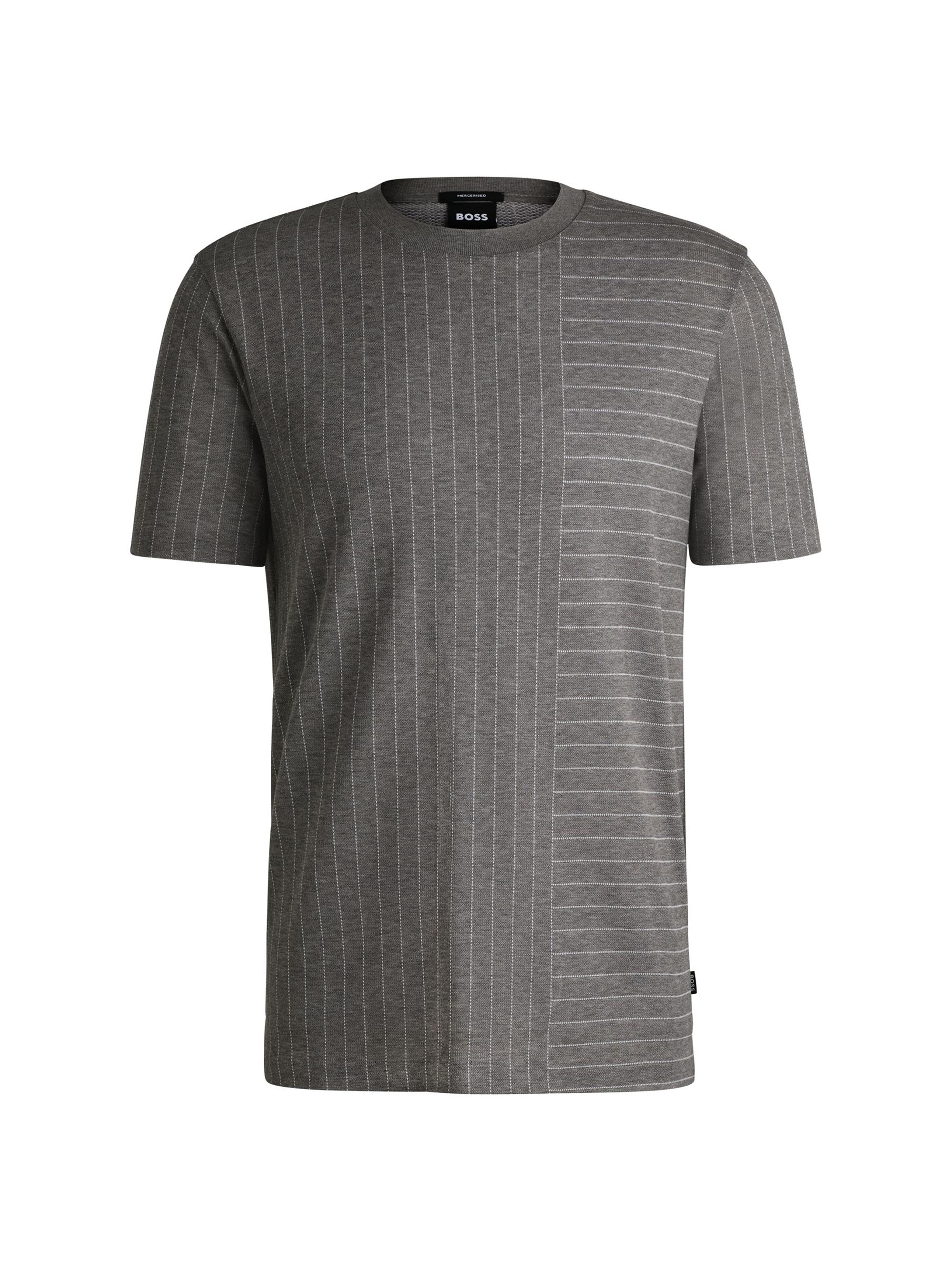 BOSS Men's Mercerized-Cotton T-Shirt with Mixed Stripes - Grey