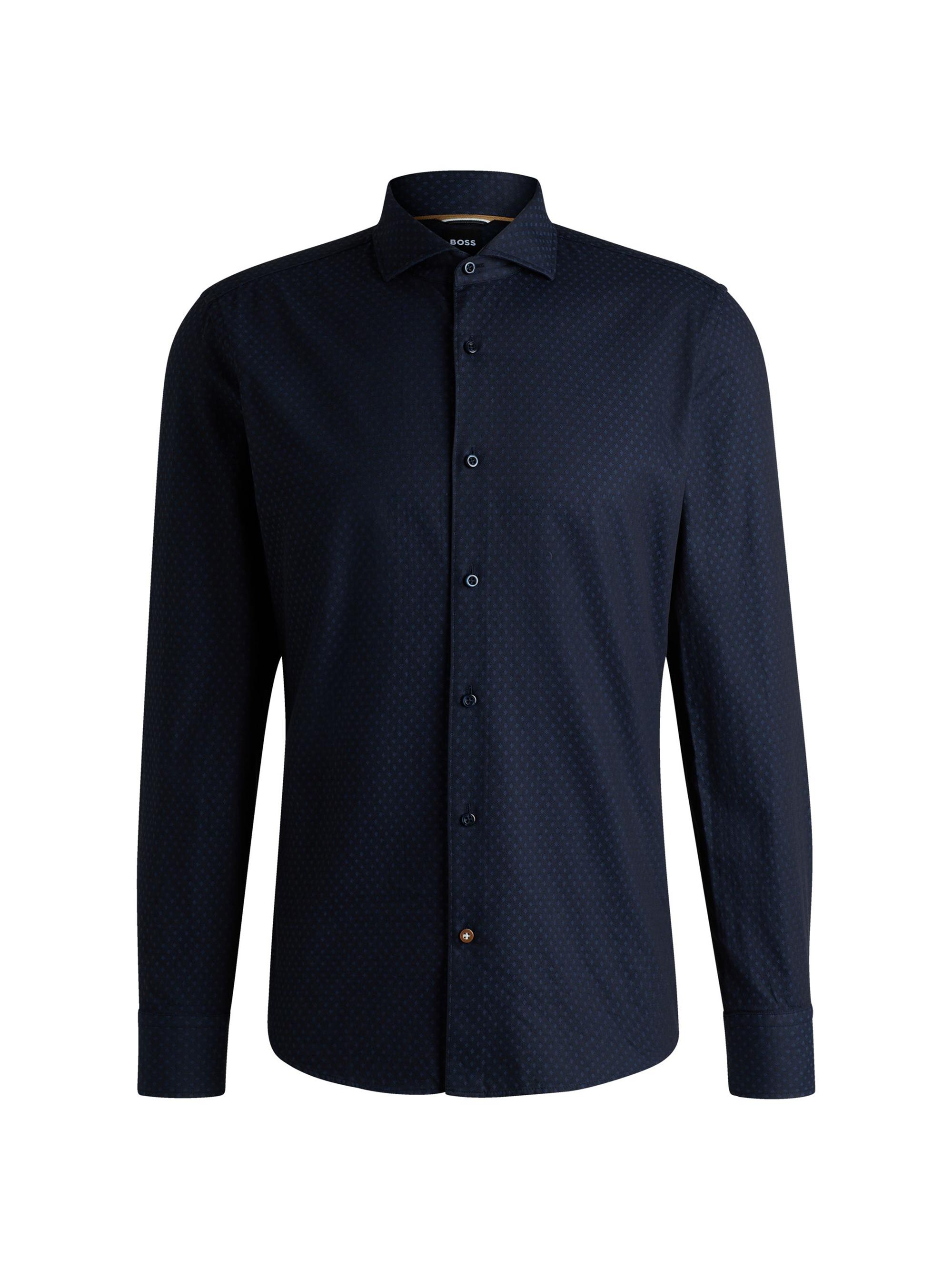 BOSS Men's Casual-Fit Shirt in Patterned Structured Cotton - Dark Blue