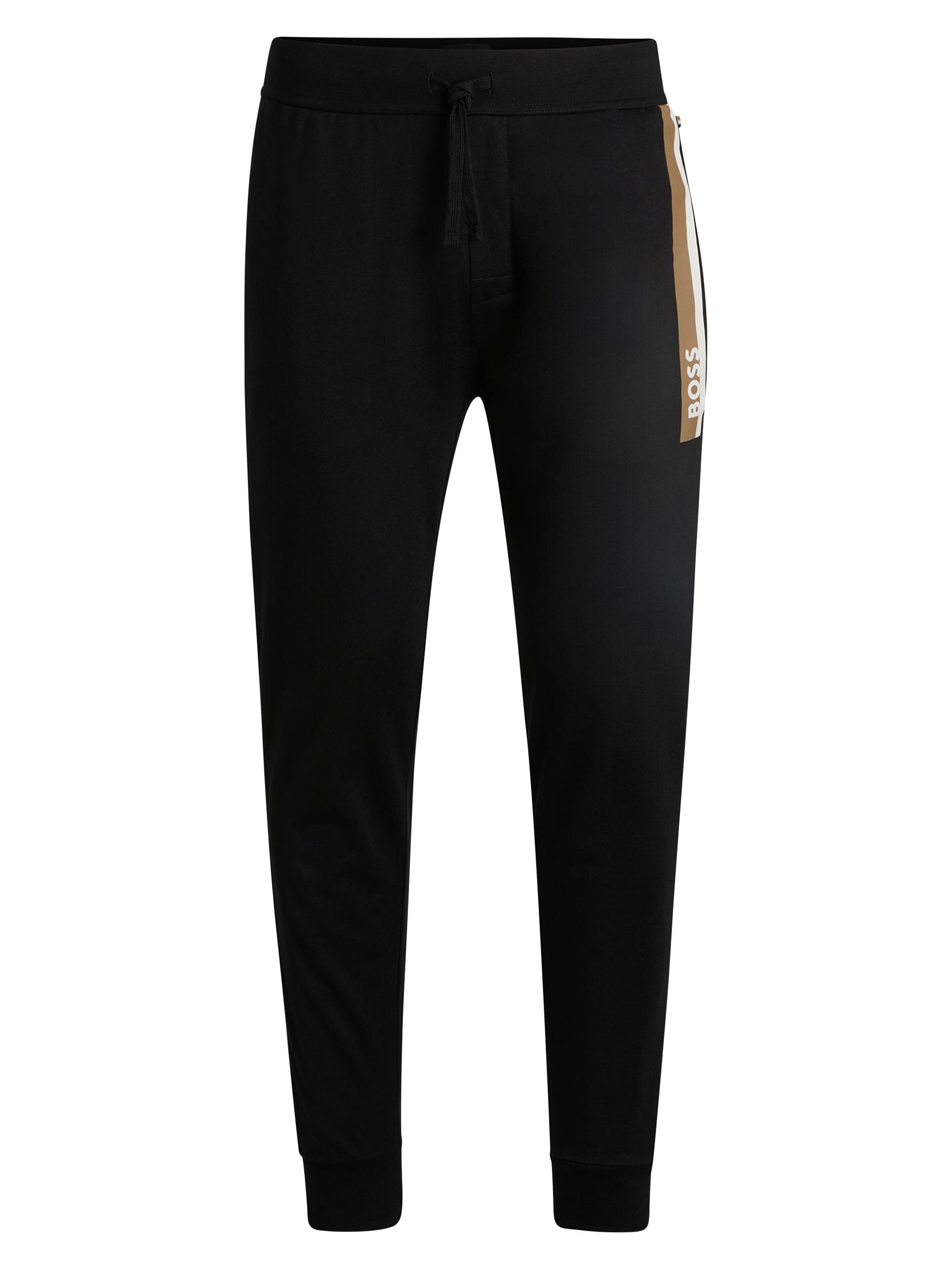 BOSS Men's Cotton-Terry Tracksuit Bottoms with Stripe Print - Black