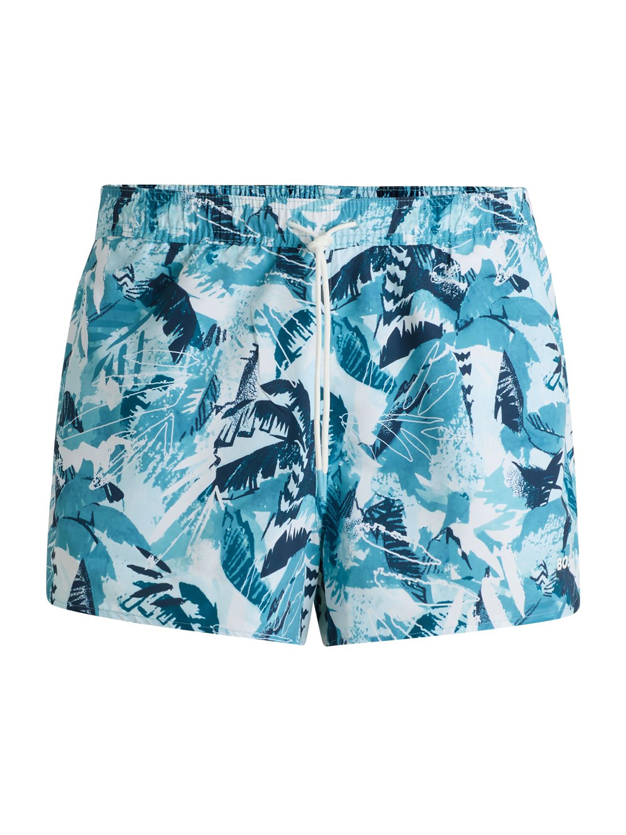 BOSS Men's Printed Swim Shorts with Logo Detail - Light Blue