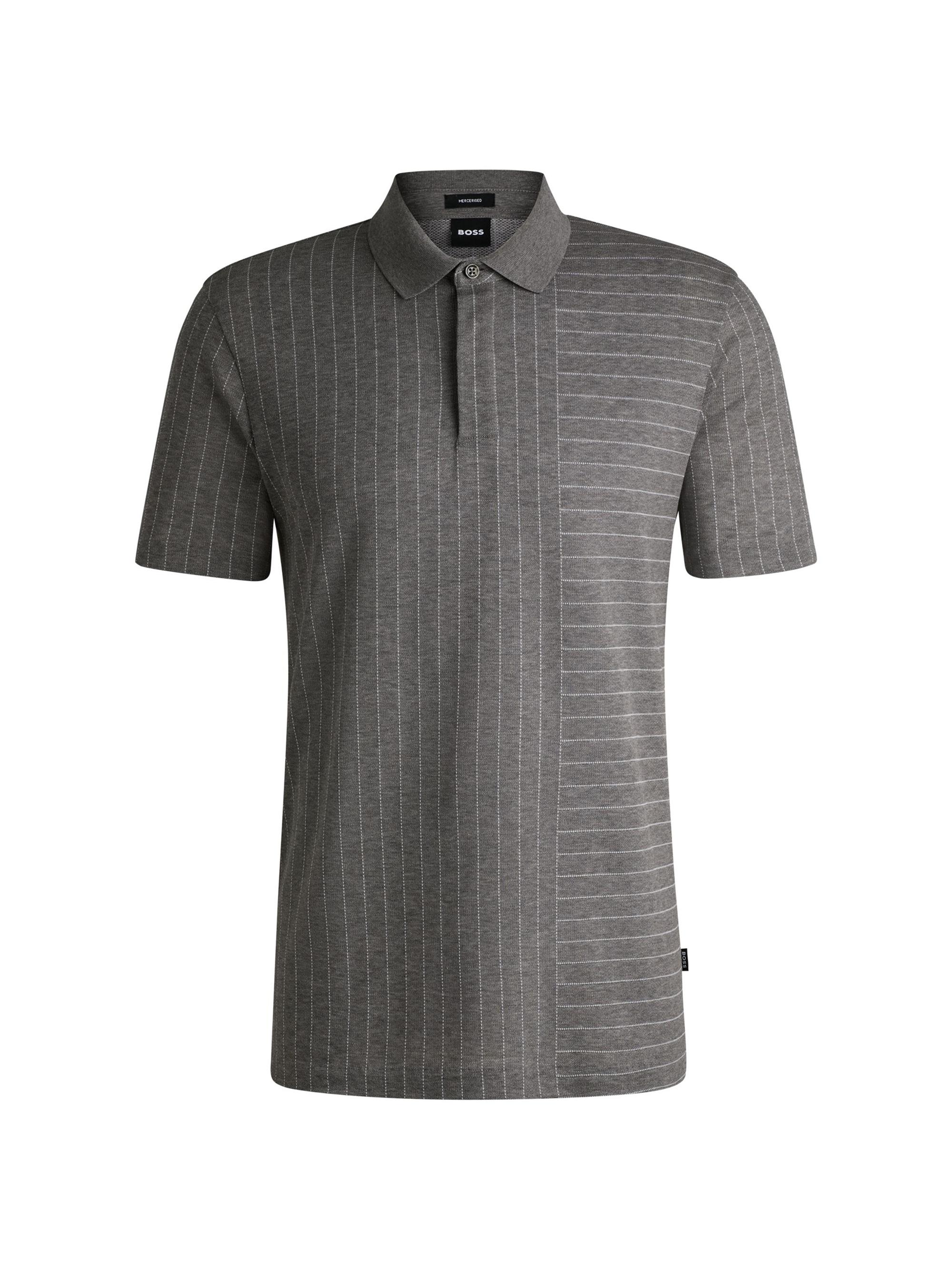 BOSS Men's Mercerized-Cotton Polo Shirt with Mixed Stripes - Grey