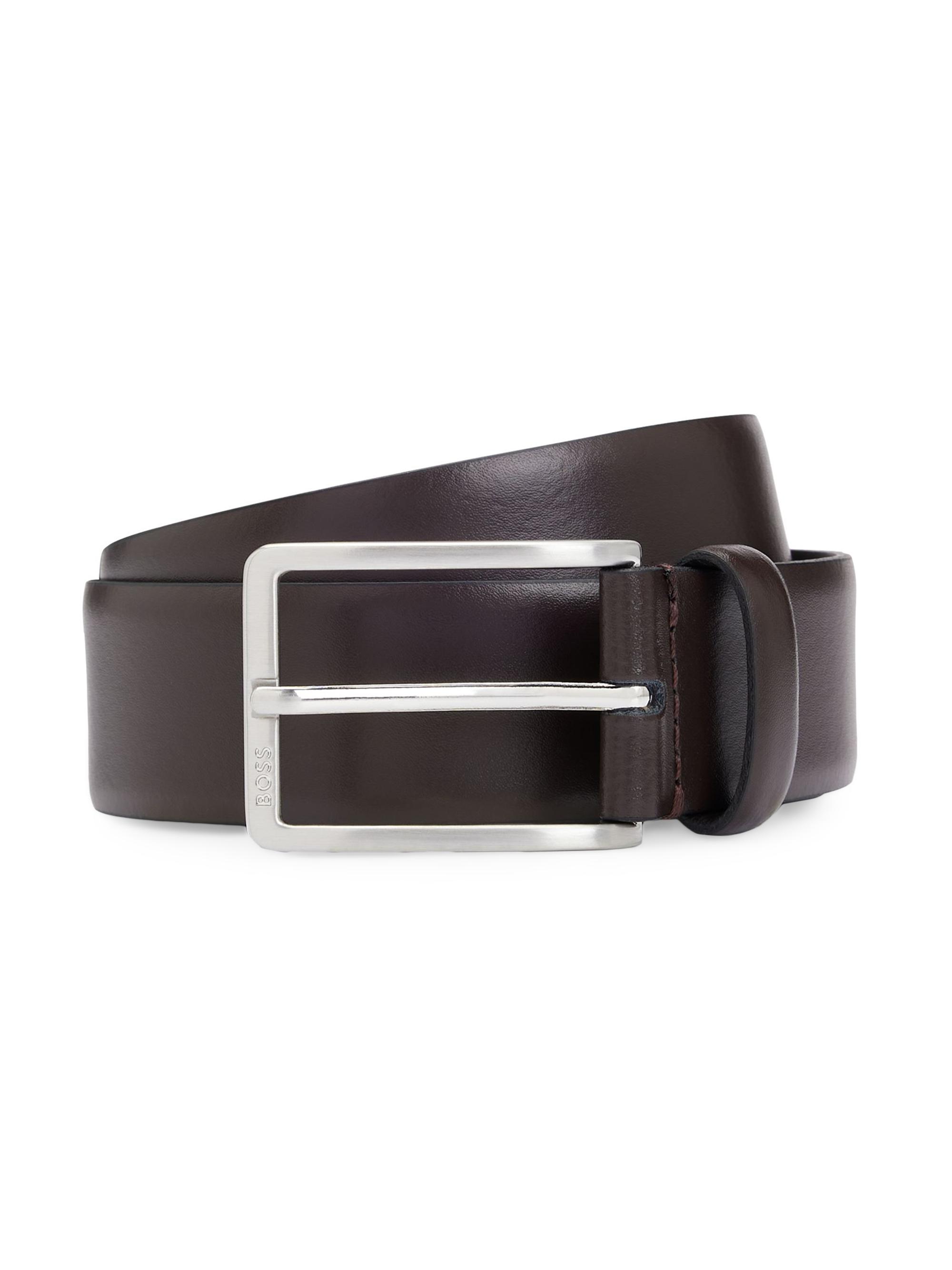 BOSS Men's Italian-Made Leather Belt with Engraved-Logo Buckle - Brown