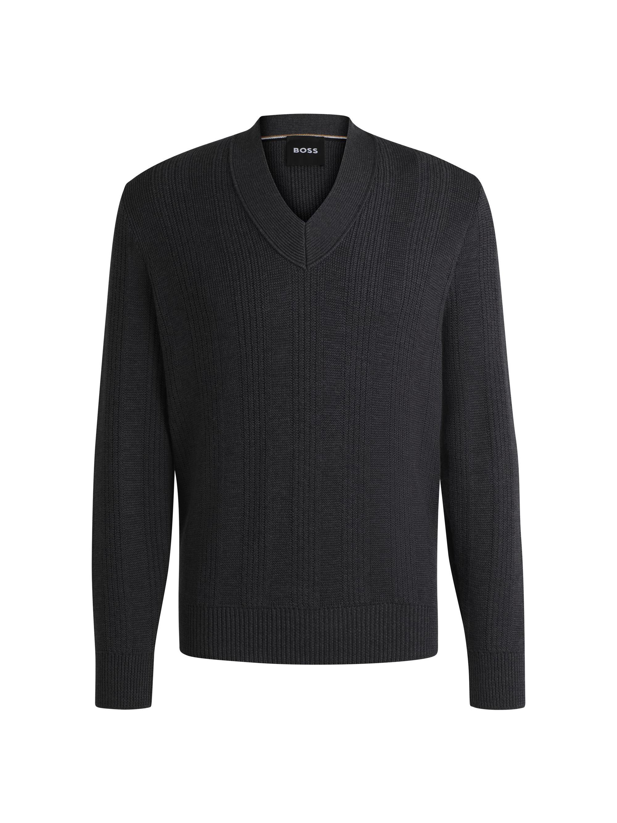 BOSS Men's Mixed-Structure V-Neck Sweater in Wool - Grey