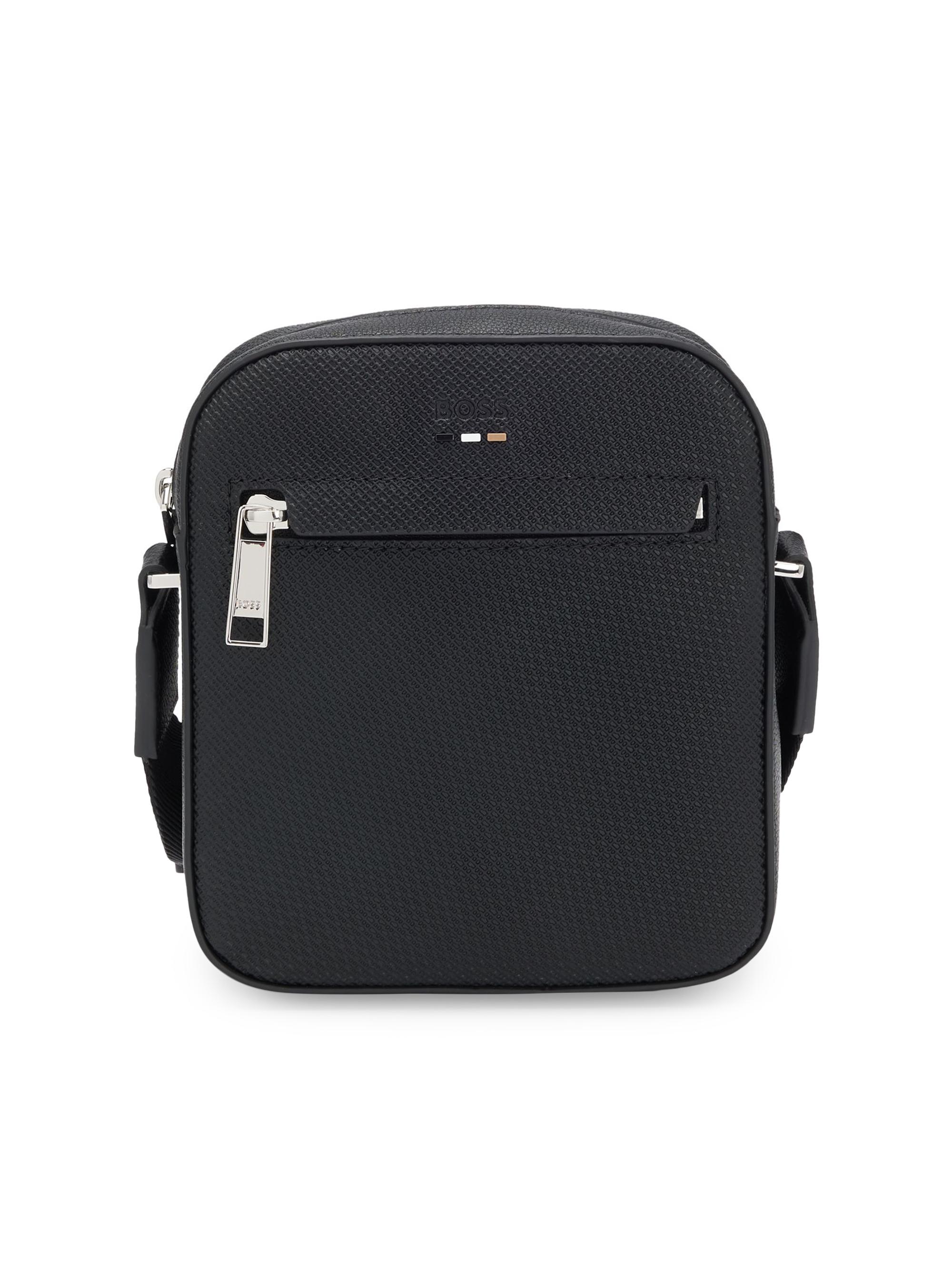 BOSS Men's Reporter Bag in Faux Leather with Monogram-Embossed Panels - Black