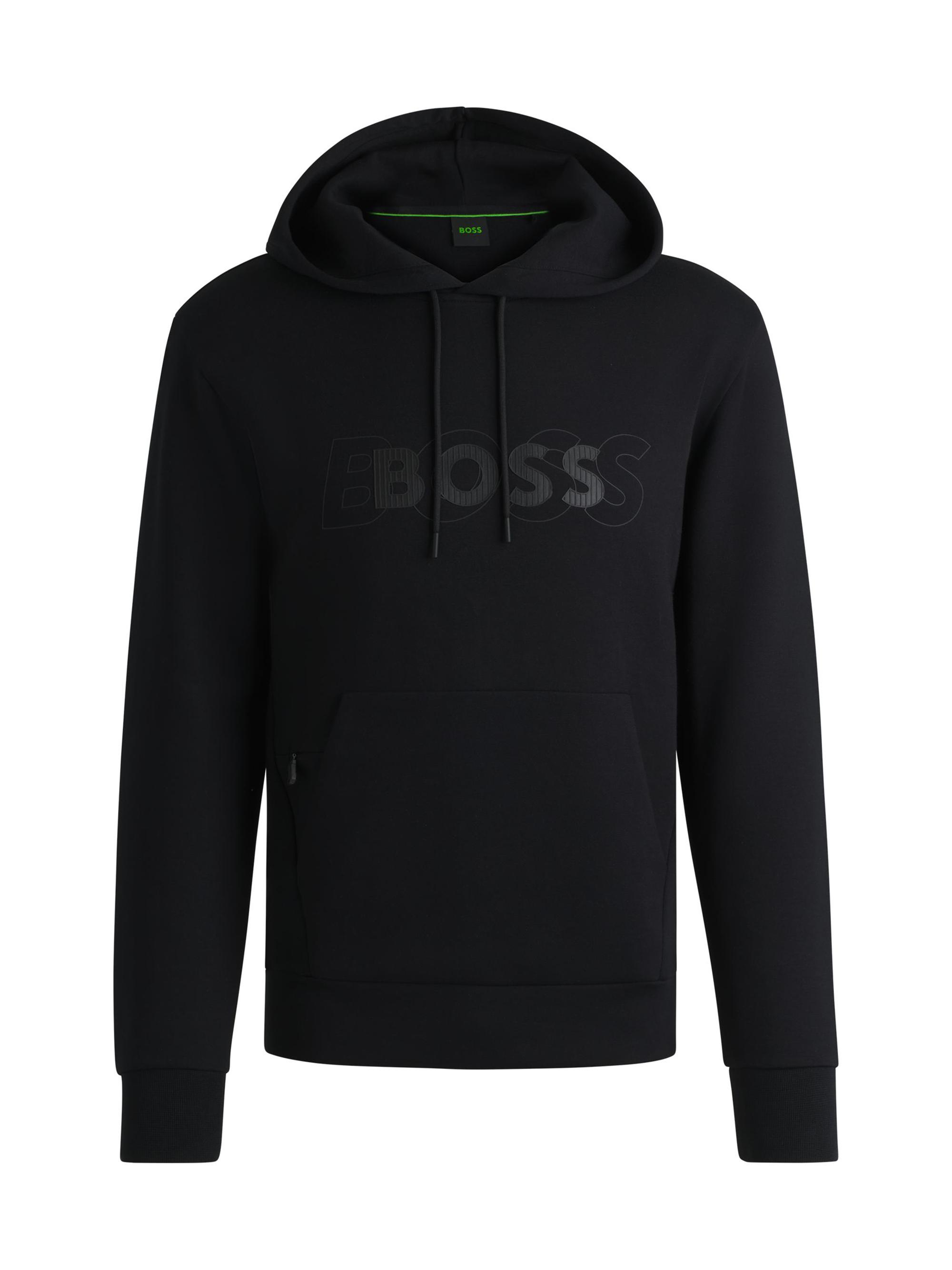 BOSS Men's Stretch-Cotton Hoodie with Layered Logo - Black