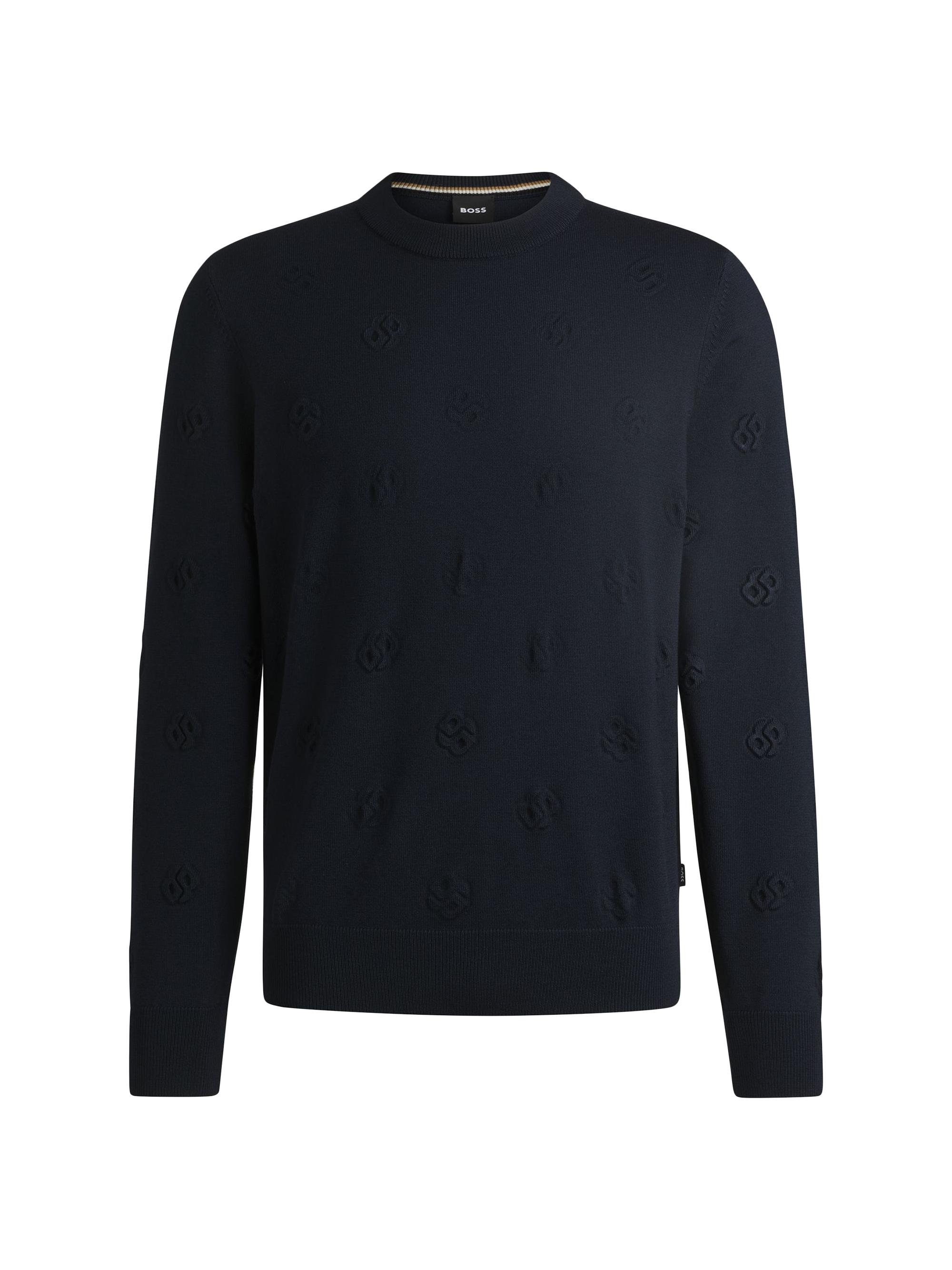 BOSS Men's Wool Sweater with Double B Monograms - Dark Blue