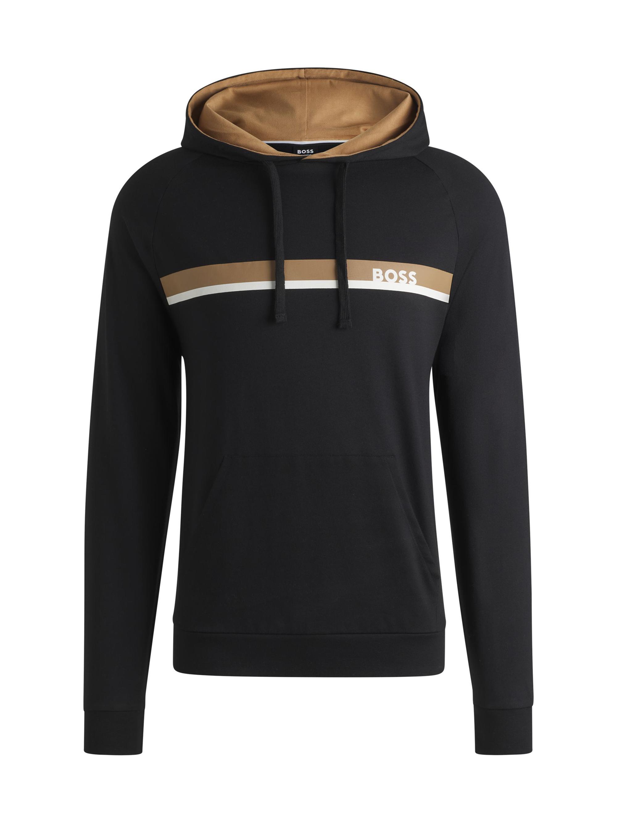 BOSS Men's Cotton-Terry Hoodie with Stripe Print - Black