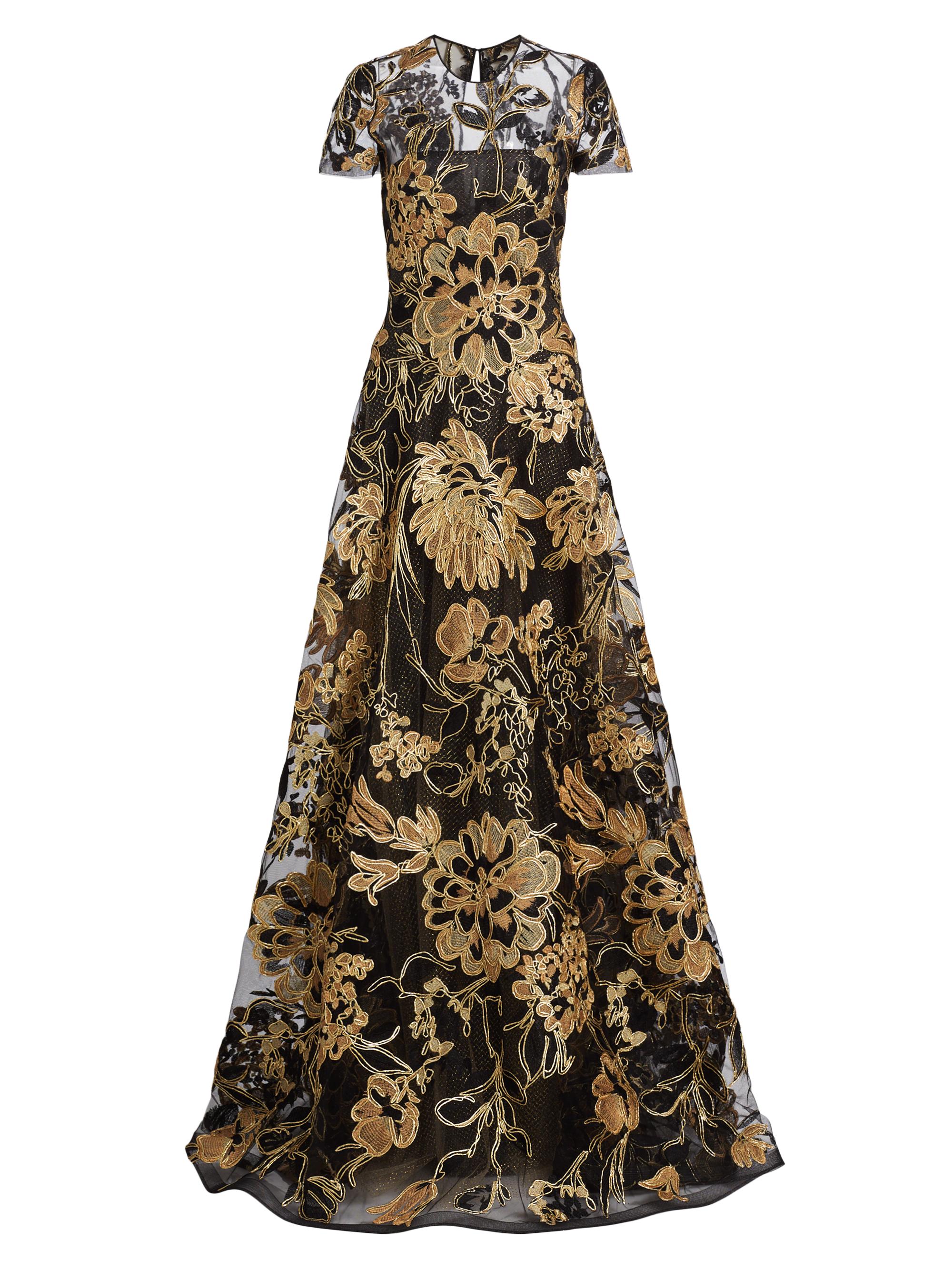 Naeem Khan Women's Metallic Raffia Short-Sleeve A-Line Gown - Black Gold