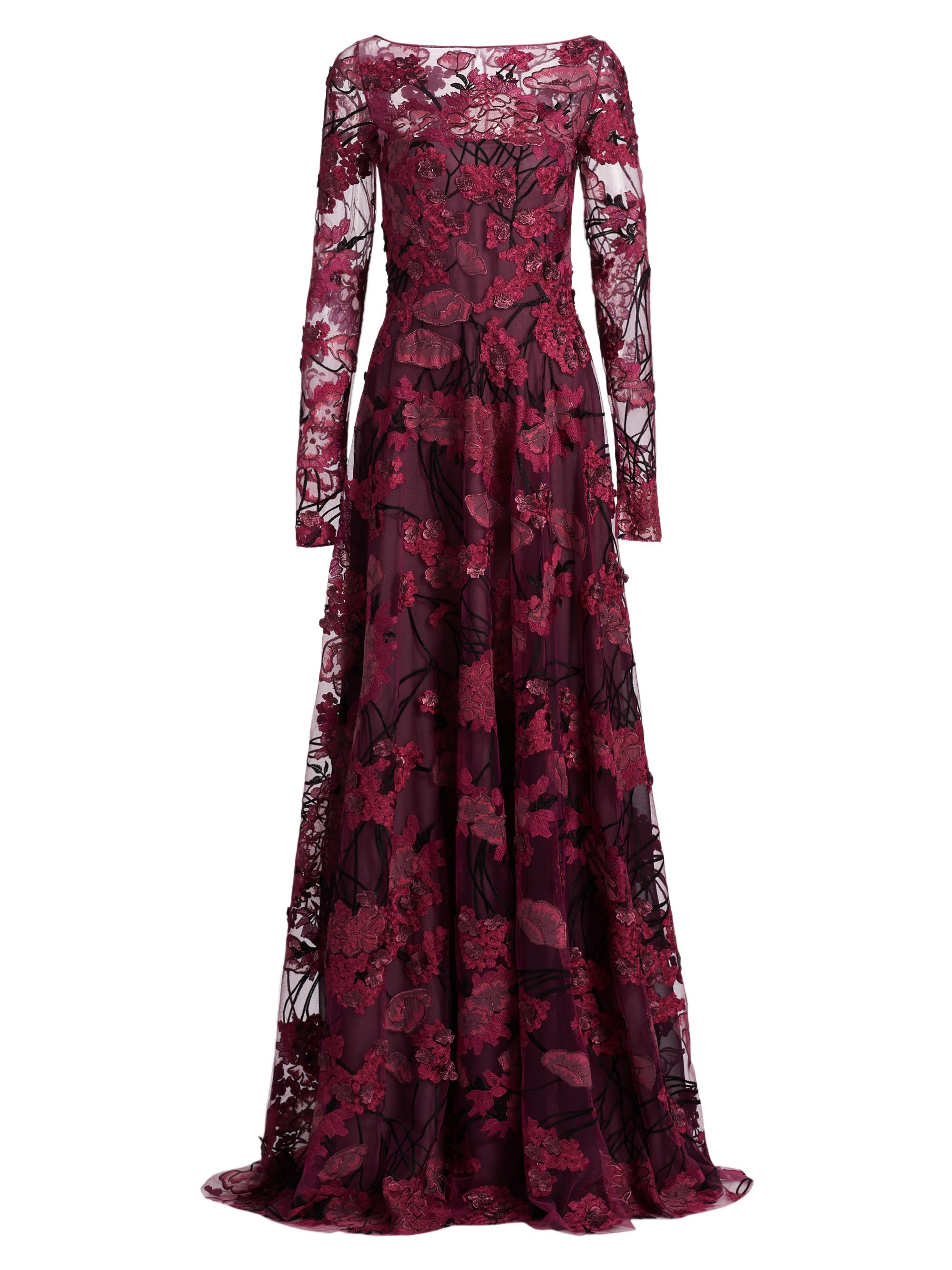 Naeem Khan Women's Embroidered Mesh Long-Sleeve Gown - Burgundy Multi