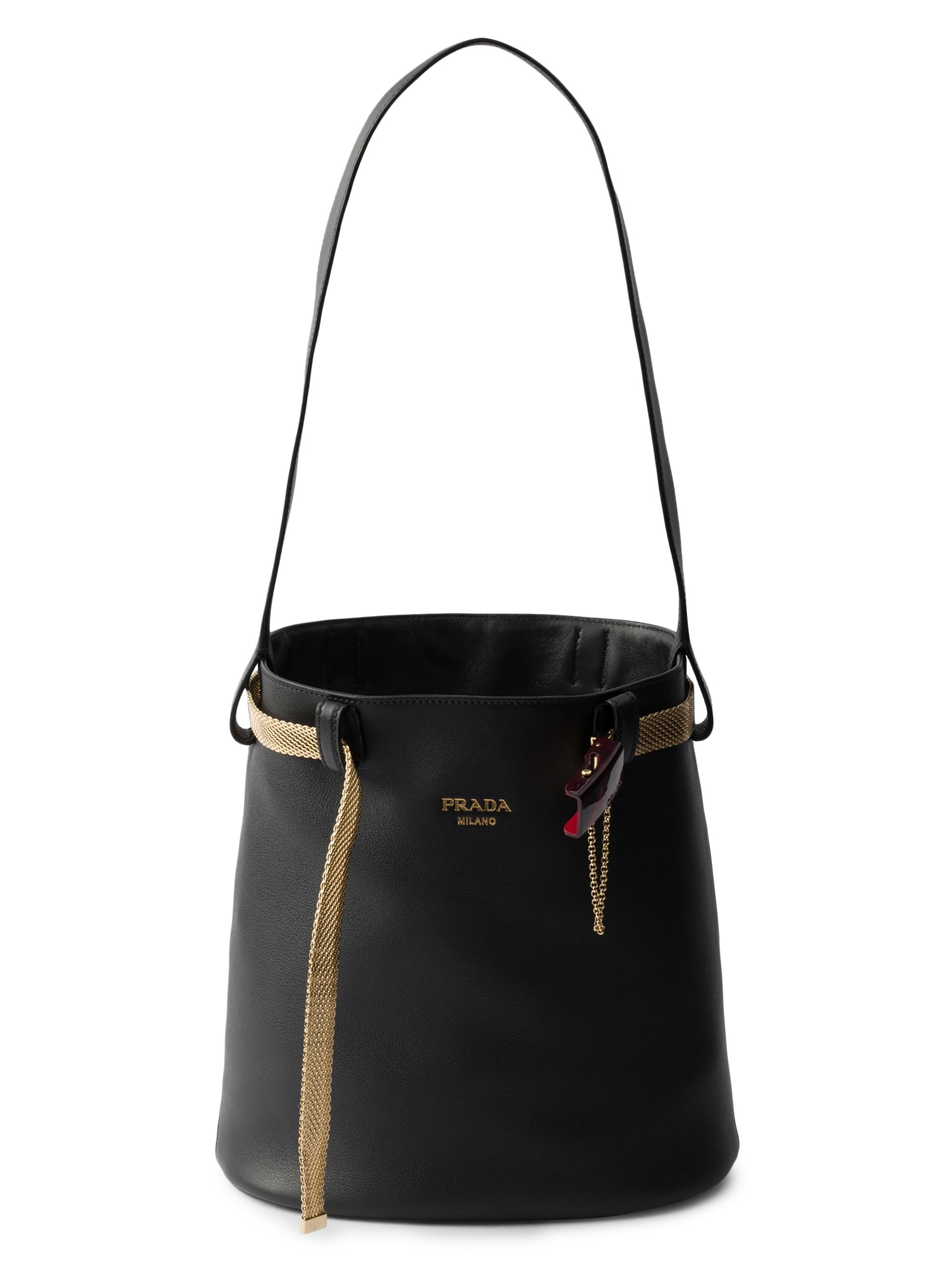 Prada Women's Buckle Leather Bucket Bag with Jeweled Belt - Brown