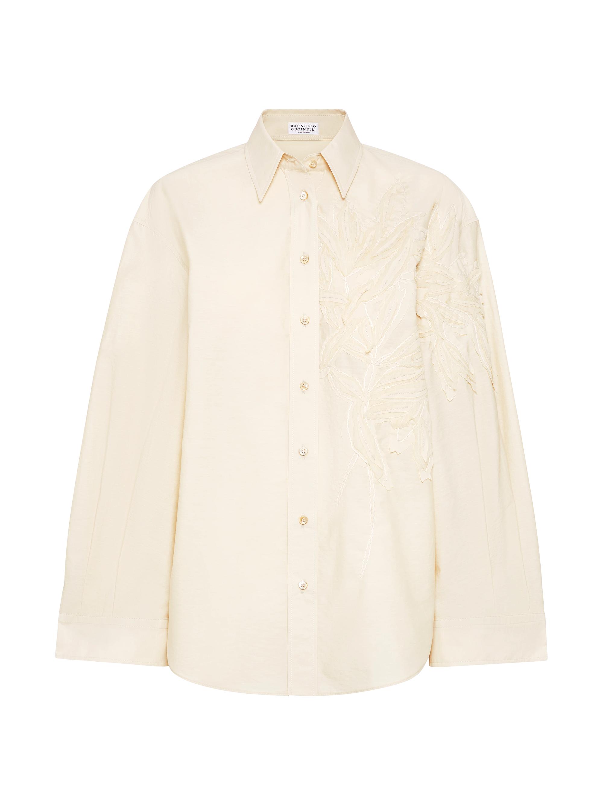 Brunello Cucinelli Women's Techno Cotton Poplin Shirt with Herbarium Applique - Light Grey