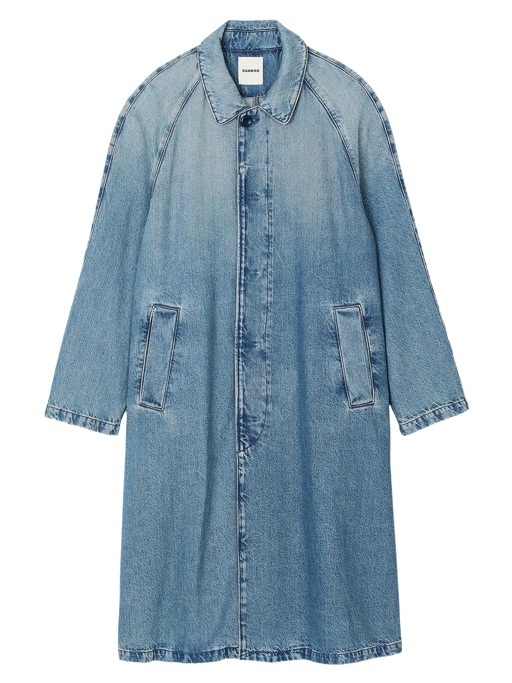Sandro Men's Long Faded Denim Coat - Blue Vintage Denim